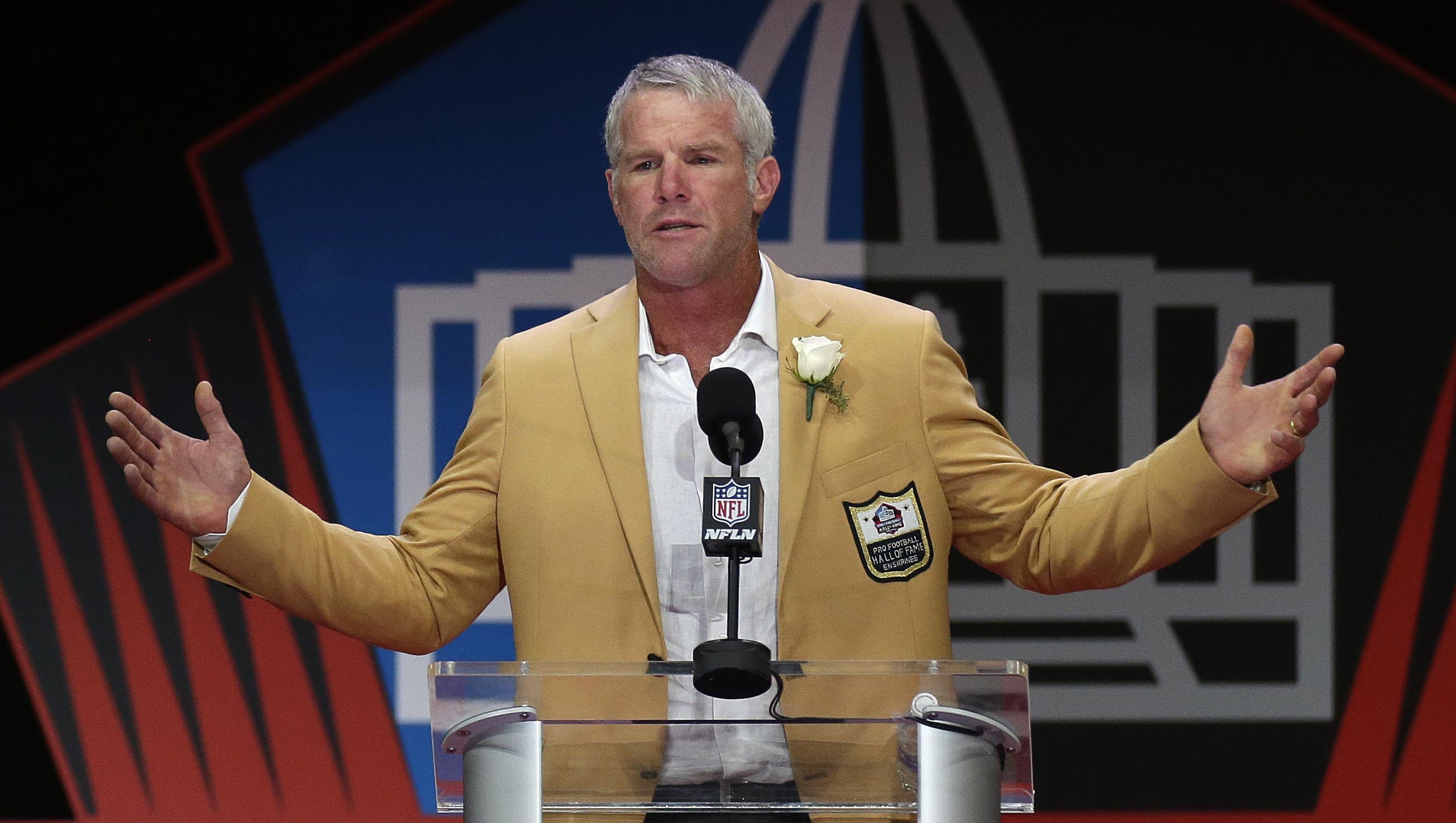 Former Green Bay Packers quarterback Brett talks about his teammates, father, coaches and fans that have influenced his life  during NFL Pro Football Hall of Fame Enshrinement Ceremony in Tom Benson Stadium in Canton, Ohio, Saturday, August 6, 2016.