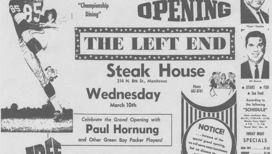 Grand opening advertisement for Left End Steak House from the March 9, 1965, Manitowoc Herald Times.