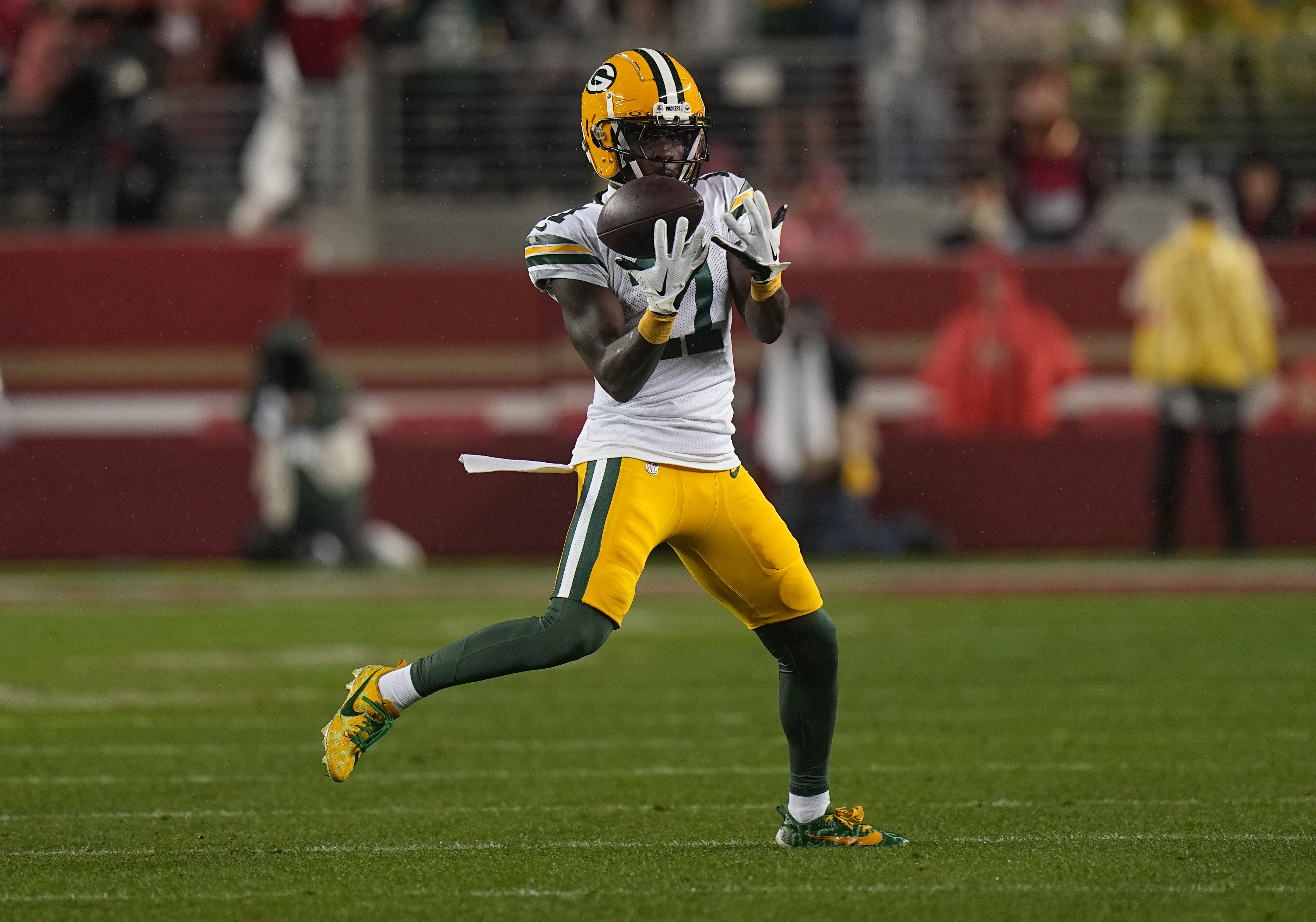 Green Bay Packers wide receiver Jayden Reed (11)makes a 37-yard reception during the first quarter of their NFC divisional playoff game Saturday, January 20, 2024 at Levi’ Stadium in Santa Clara, California.