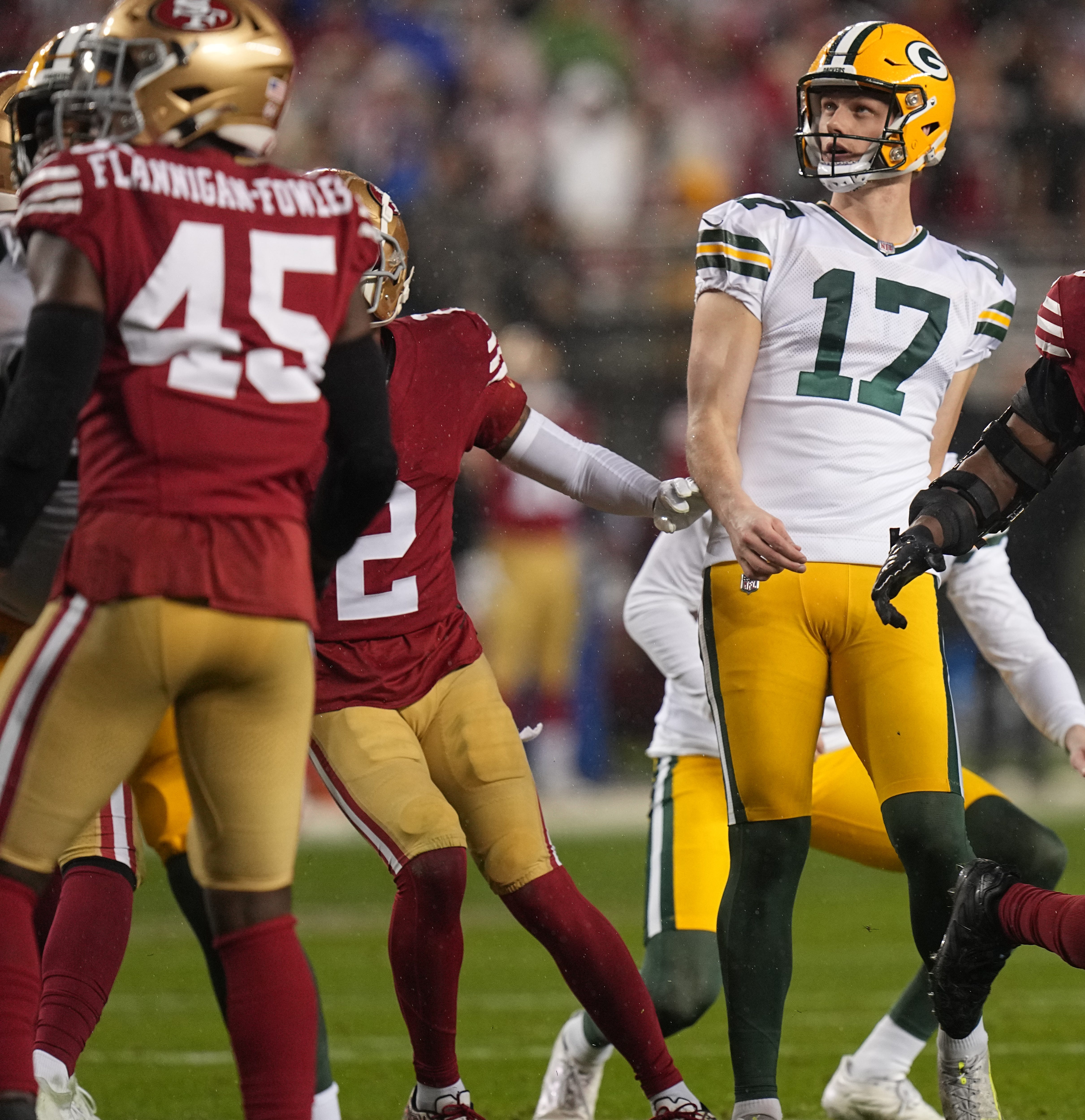 Green Bay Packers place kicker Anders Carlson (17) watches his field goal during the second quarter of their NFC divisional playoff game against the San Francisco Saturday, January 20, 2024 at Levi’ Stadium in Santa Clara, California.
