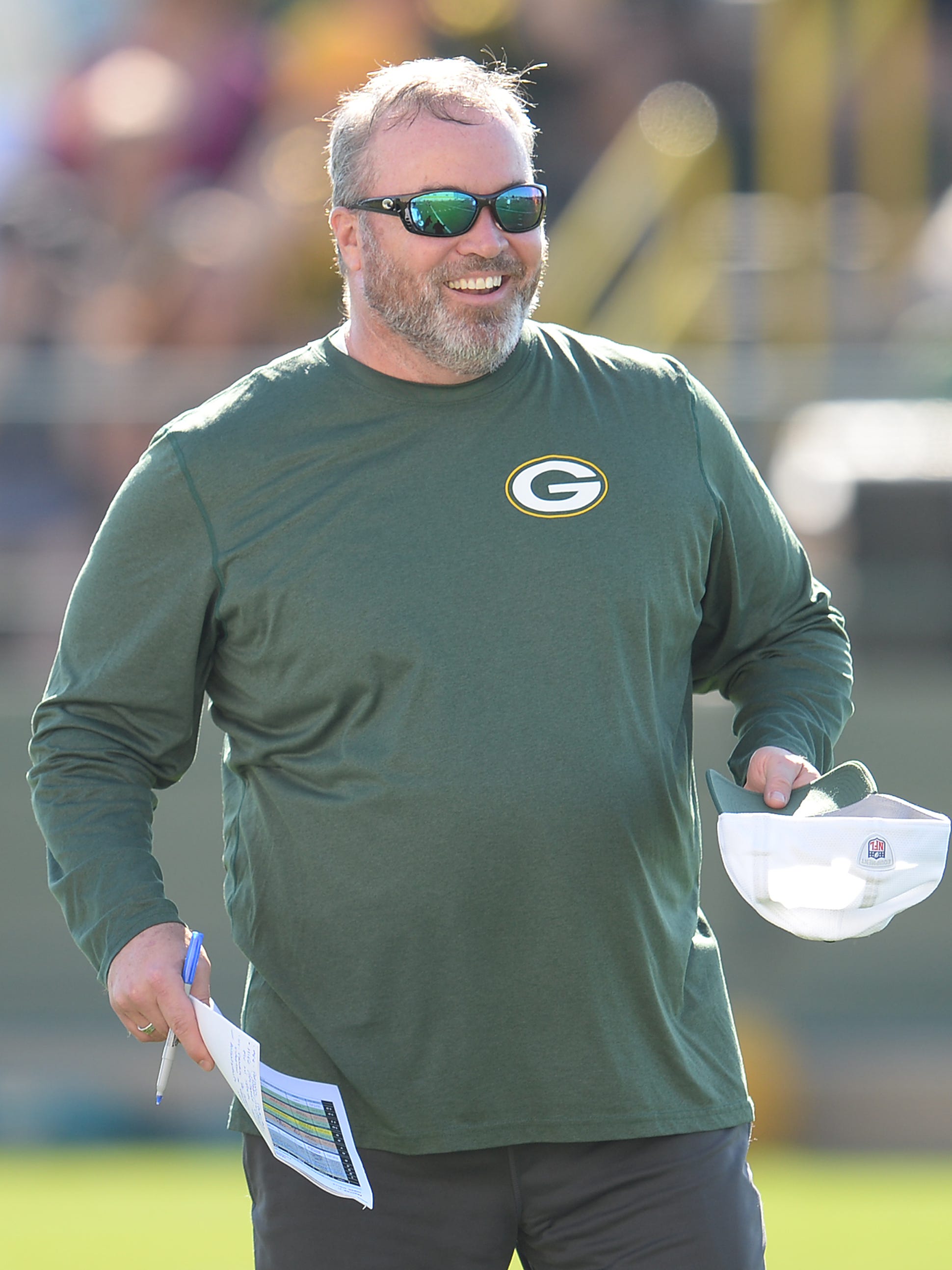 Green Bay Packers coach Mike McCarthy during training camp practice on July 30, 2015, at Ray Nitschke Field.
