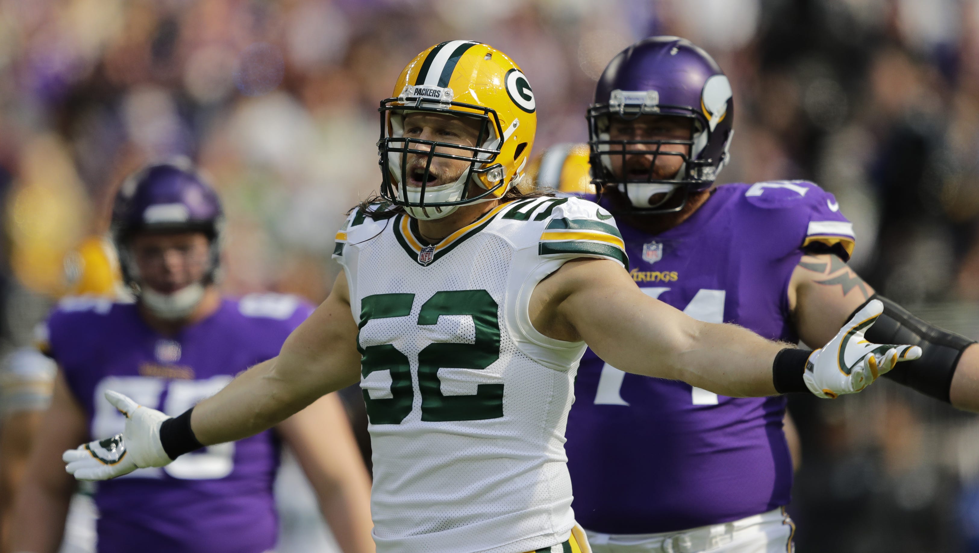Green Bay Packers outside linebacker Clay Matthews (52) complains about a called penalty during their football game Sunday, October 15, 2017, at U.S. Bank Stadium in Minneapolis, Minn.
