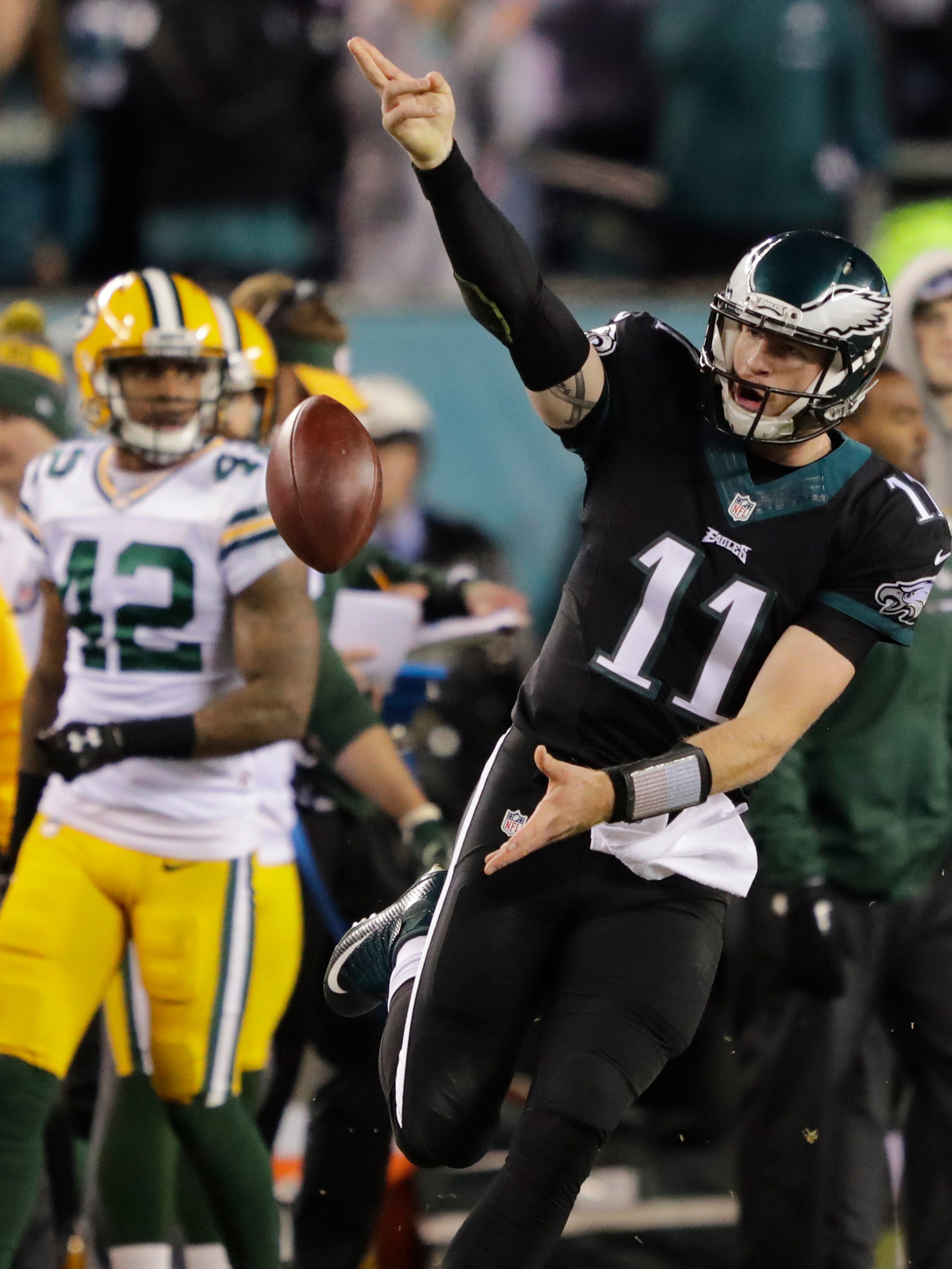 Philadelphia Eagles' Carson Wentz celebrates a long first down run late in the second quarter.

The Green Bay Packers play against the Philadelphia Eagles Monday, November 28, 2016, at Lincoln Financial Field in Philadelphia, Pa.
