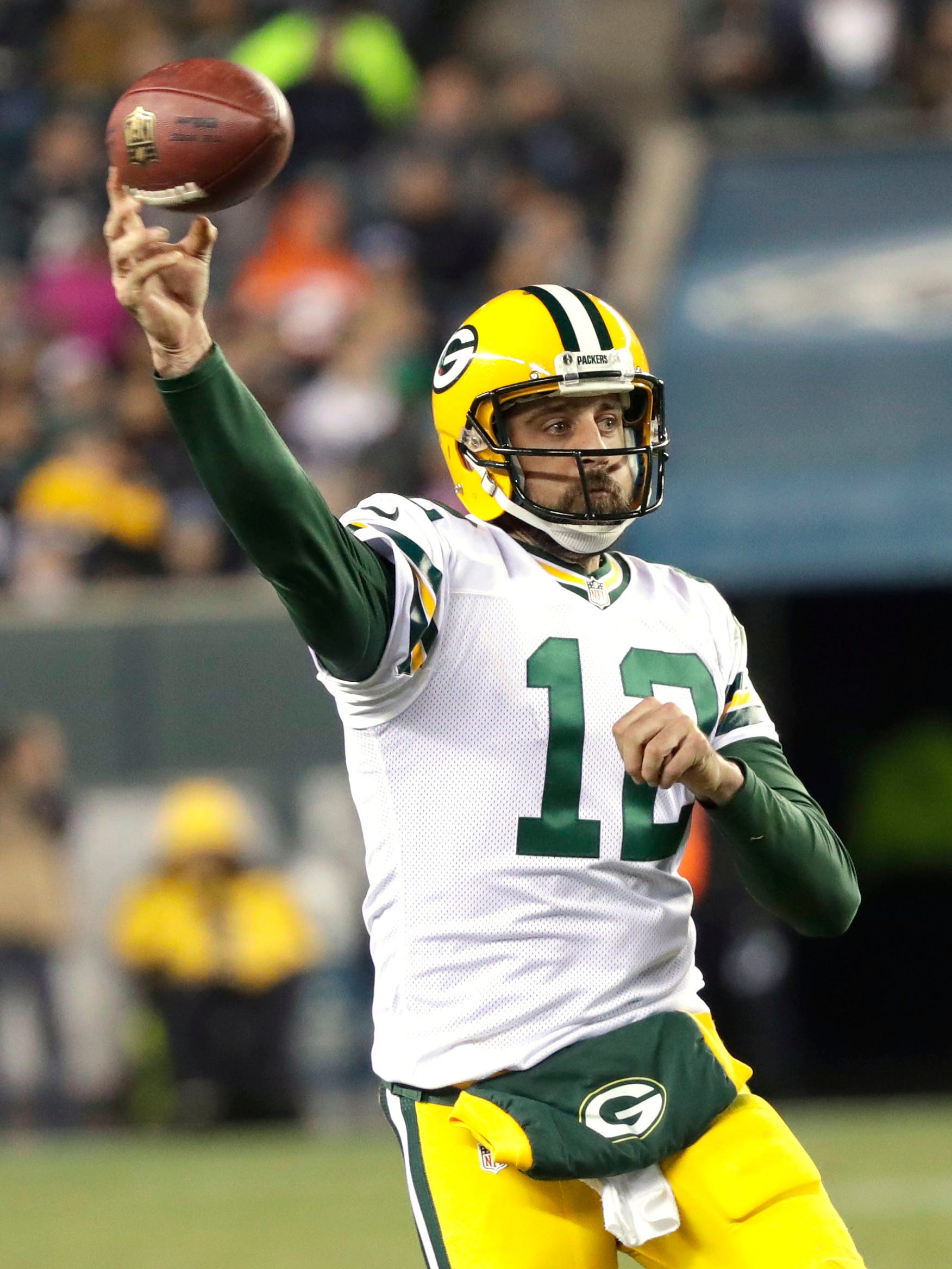 Green Bay Packers quarterback Aaron Rodgers (12) throws a pass against the Philadelphia Eagles at Lincoln Financial Field in Philadelphia, PA, November 28,