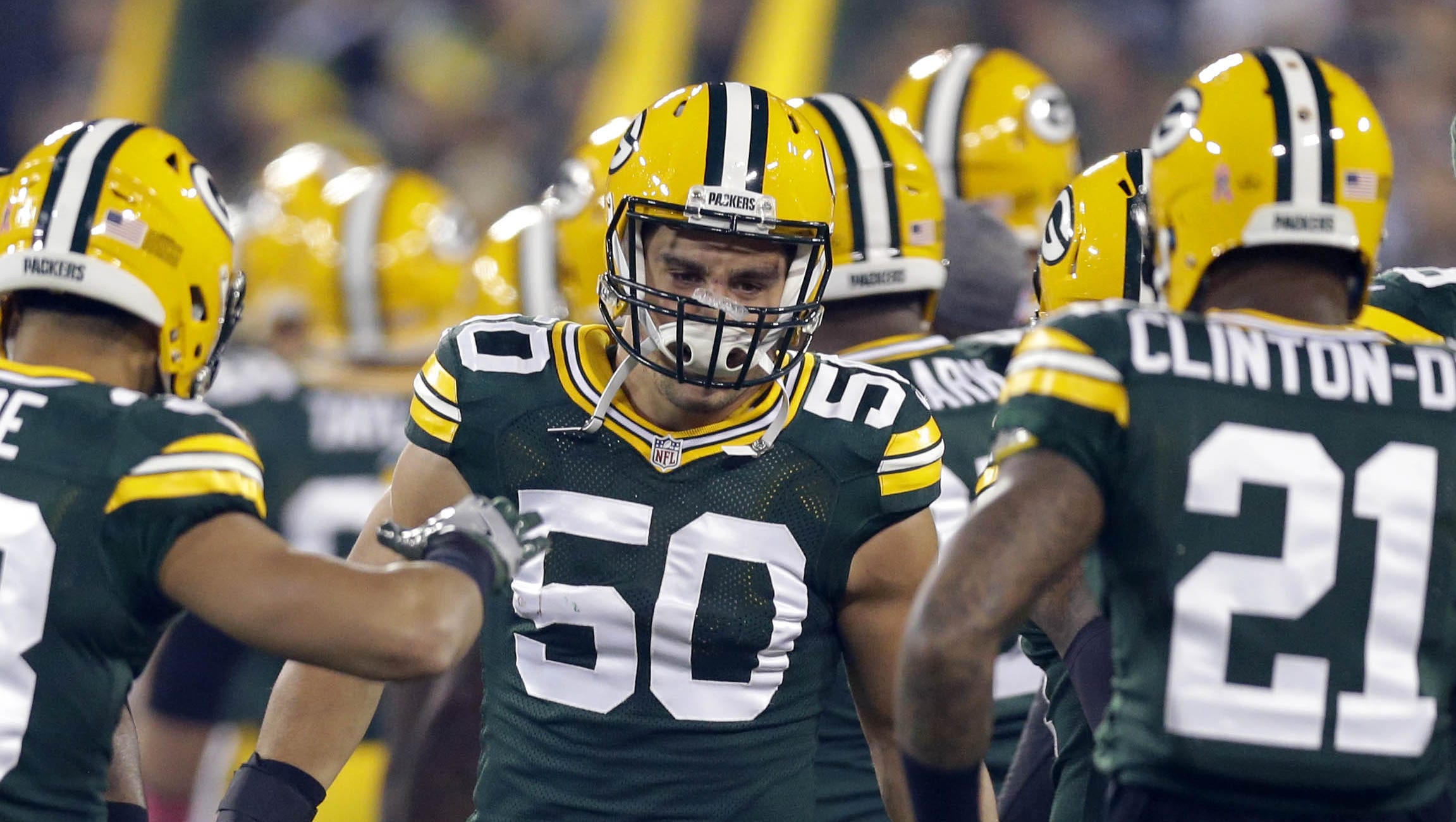Green Bay Packers linebacker Blake Martinez (50) greets teammates before the a game against the New York Giants on Oct. 9, 2016, at Lambeau Field.