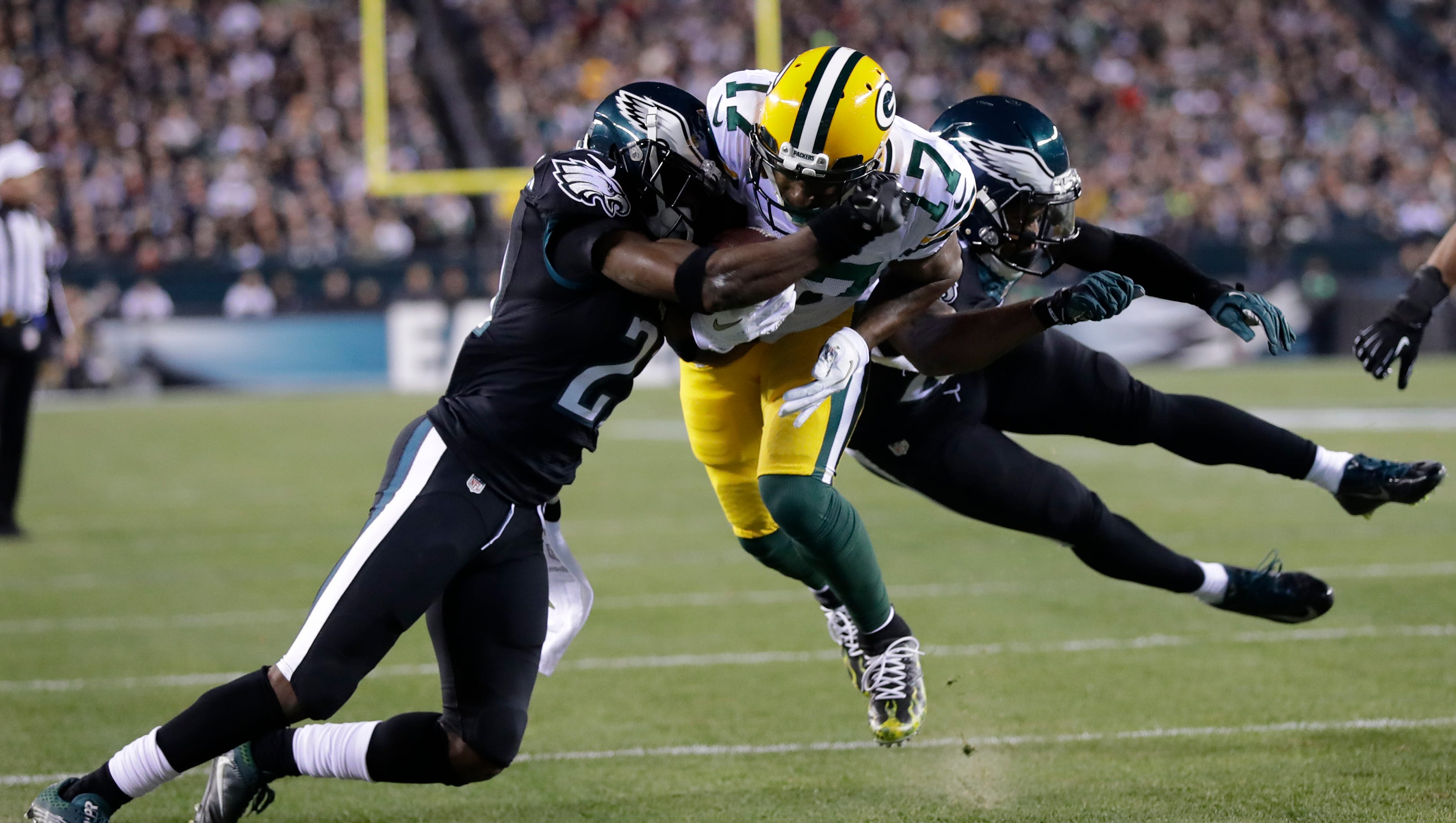 Green Bay Packers' Davante Adams scores a first quarter touchdown against Philadelphia Eagles' Leodis McKelvin and Rodney McLeod.

The Green Bay Packers play against the Philadelphia Eagles Monday, November 28, 2016, at Lincoln Financial Field in Philadelphia, Pa.