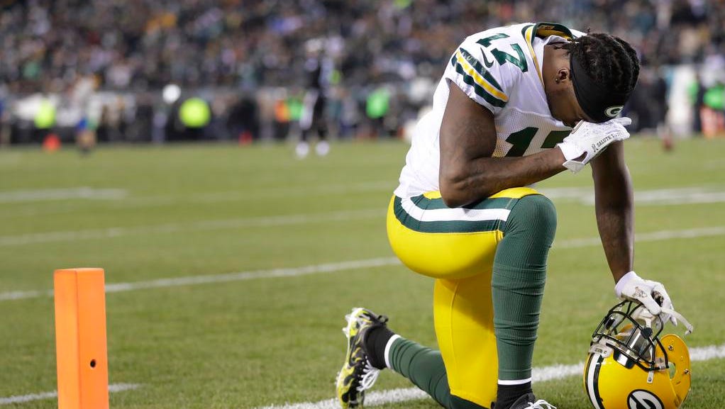 Green Bay Packers receiver Davante Adams takes a moment alone prior to the start of the game against the Philadelphia Eagles at Lincoln Financial Field.