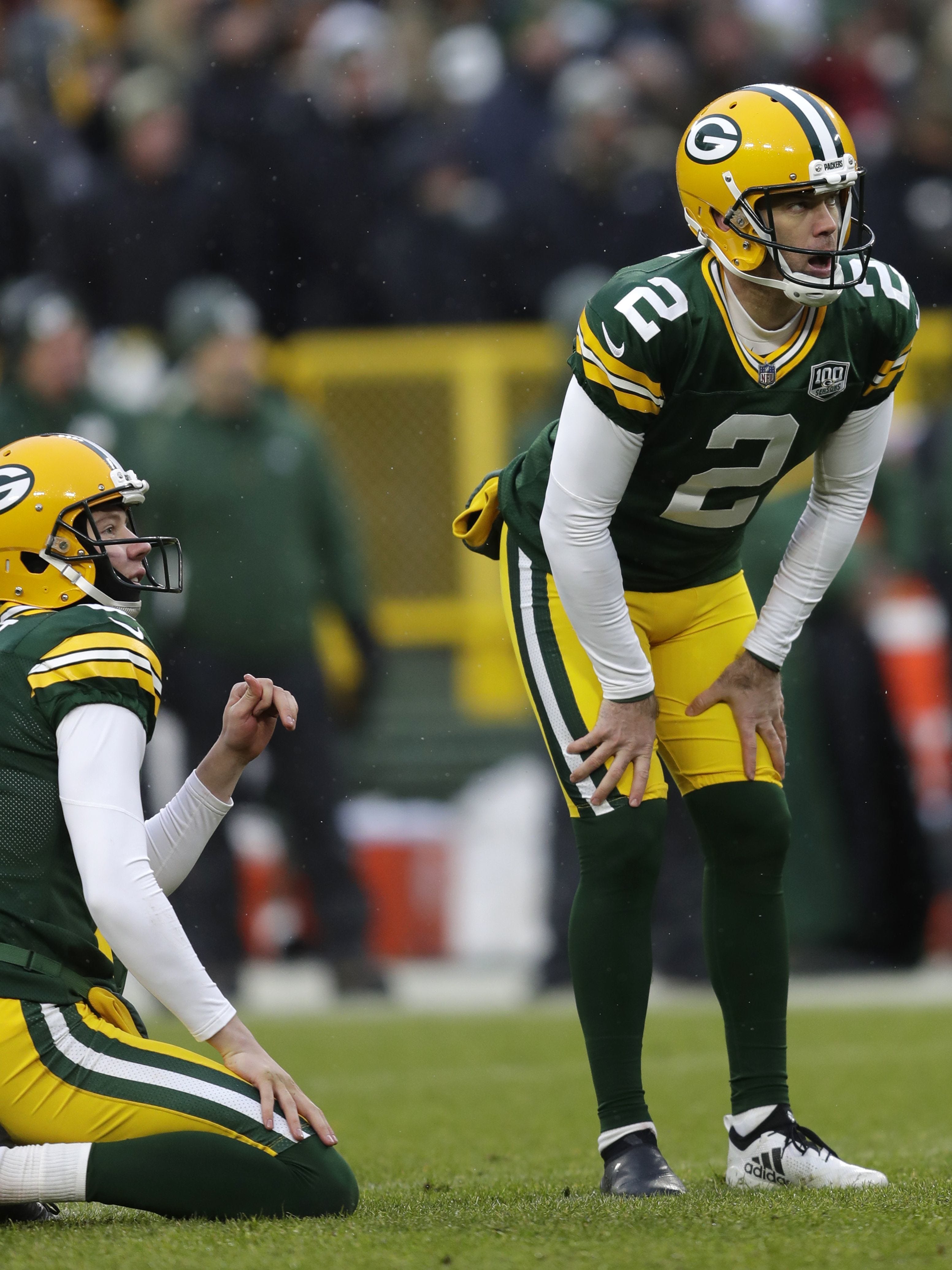 Packers kicker Mason Crosby (2) and punter J.K. Scott (left) watch after Crosby missed the game-tying field goal as time expires against the Arizona Cardinals on Dec. 2 at Lambeau Field in Green Bay.
 Dan Powers/USA TODAY NETWORK-Wisconsin
Green Bay Packers kicker Mason Crosby (2) and Green Bay Packers punter J.K. Scott (6) react to a misssing the potential game-tying fieldgoal as time expires against the Arizona Cardinals Sunday, December 2, 2018, at Lambeau Field in Green Bay, Wis. 
Dan Powers/USA TODAY NETWORK-Wisconsin
Sunday, December 2, 2018, at Lambeau Field in Green Bay, Wis. 
Dan Powers/USA TODAY NETWORK-Wisconsin