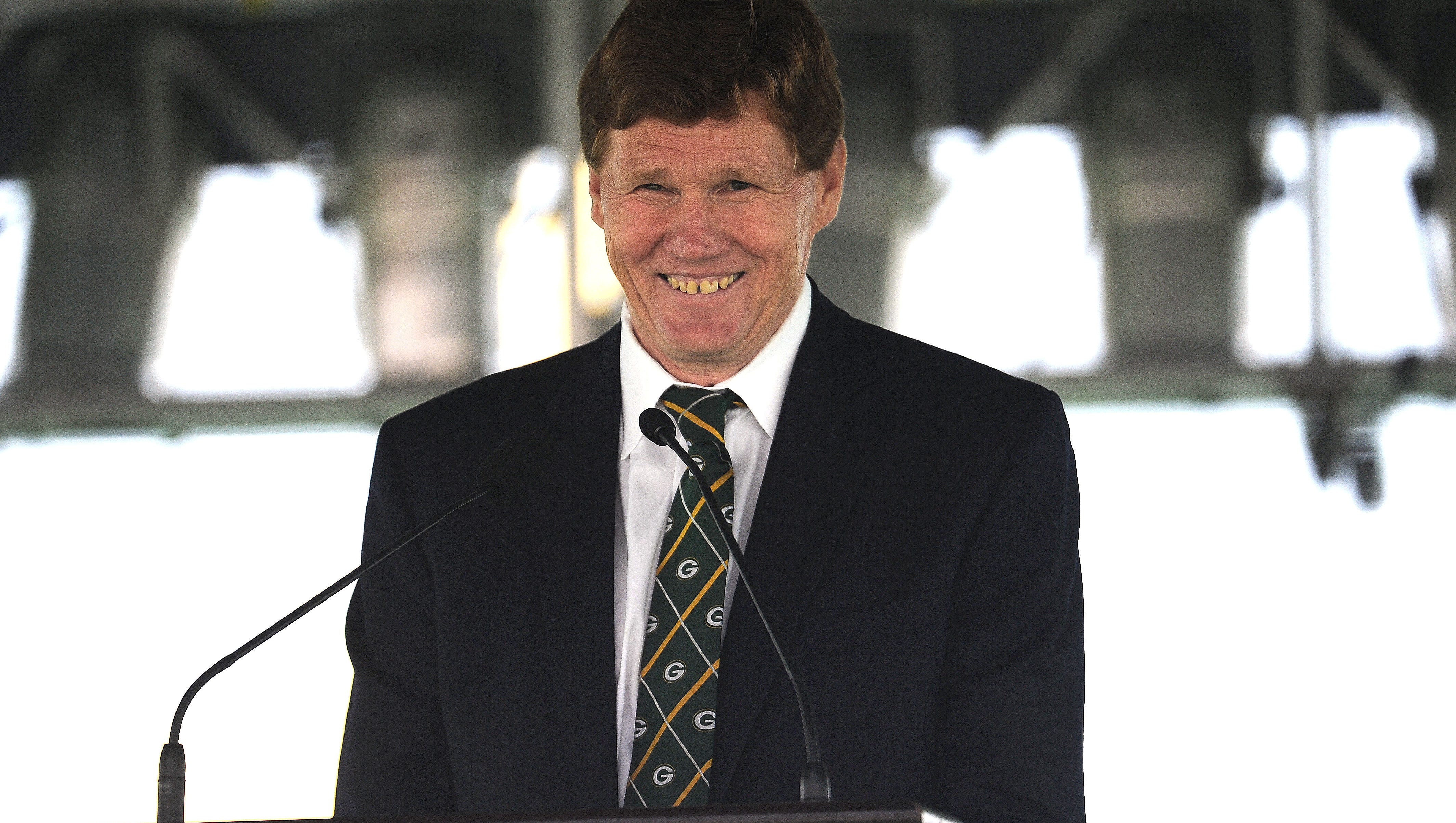 Green Bay Packers President and CEO Mark Murphy addresses shareholders gathered in Lambeau Field in July for the annual shareholders meeting.