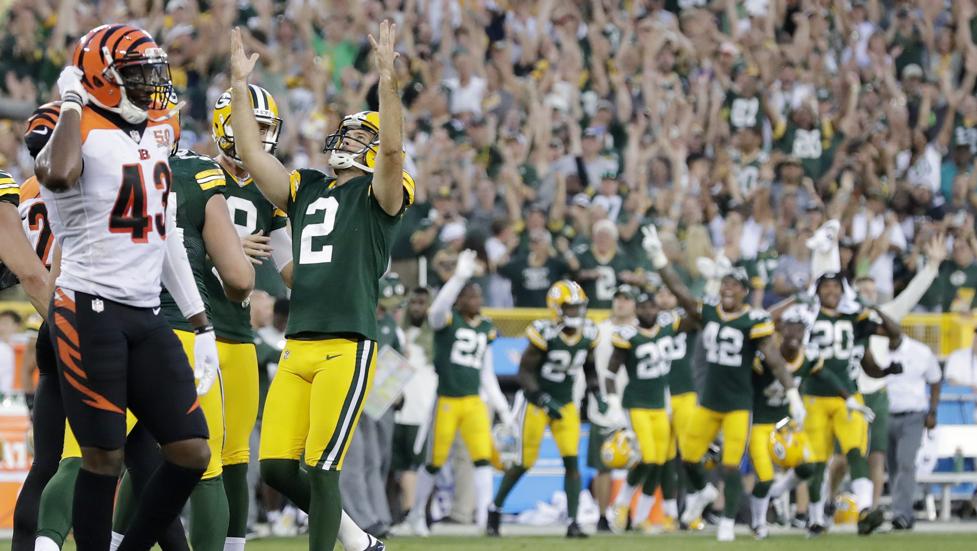 Green Bay Packers kicker Mason Crosby (2) celebrates after kicking the game-winning field goal against the Cincinnati Bengals in overtime on Sept. 24, 2017, at Lambeau Field.
