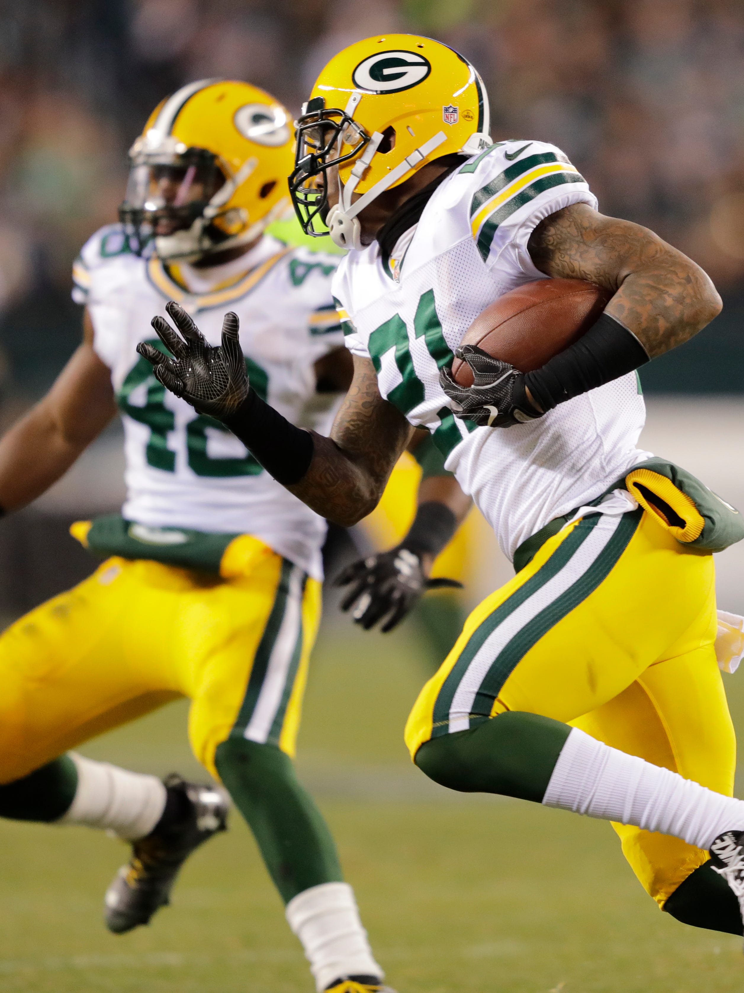 Green Bay Packers' Ha Ha Clinton-Dix runs back an interception in the third quarter.

The Green Bay Packers play against the Philadelphia Eagles Monday, November 28, 2016, at Lincoln Financial Field in Philadelphia, Pa.