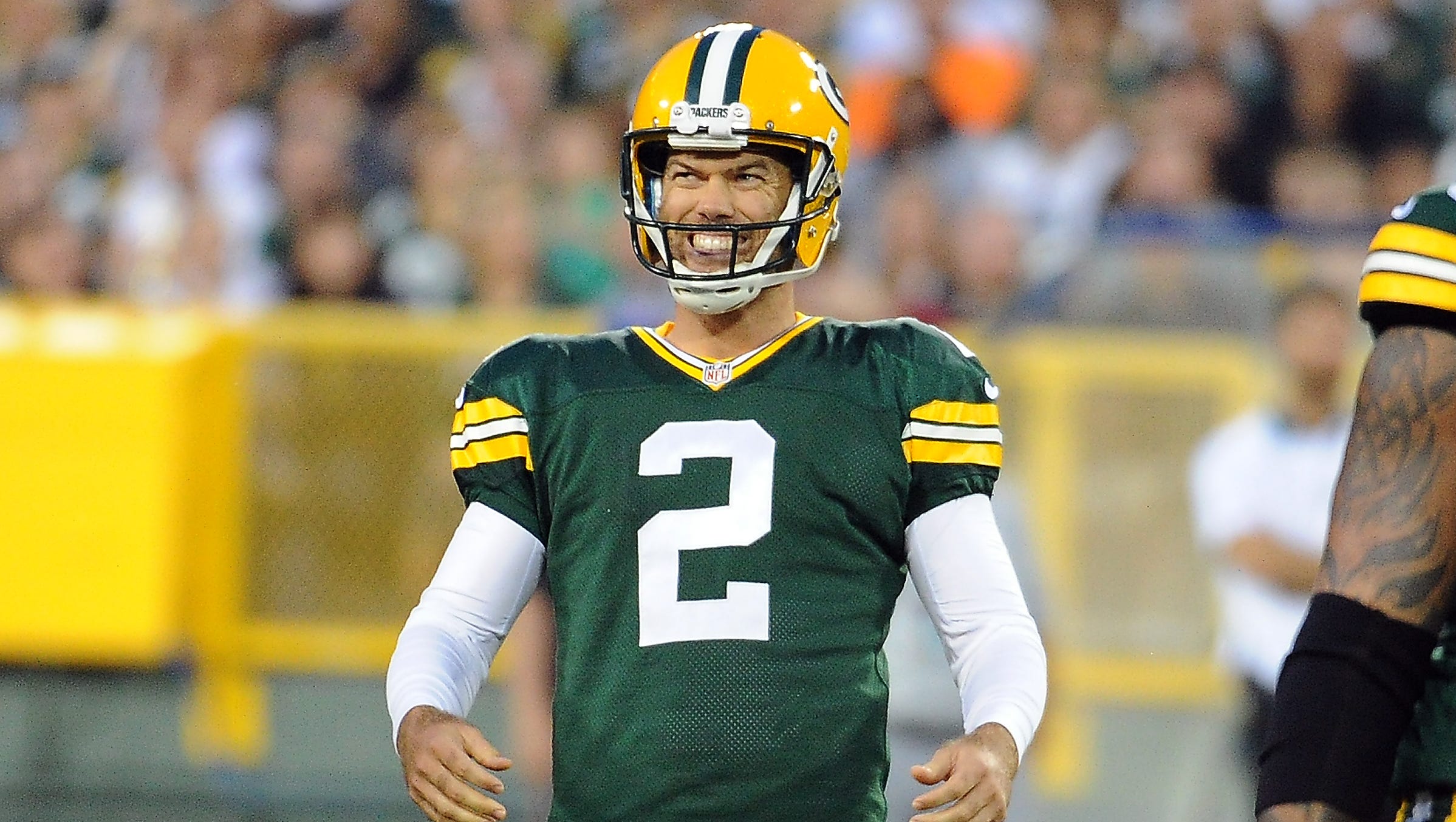 Green Bay Packers kicker Mason Crosby reacts to missing a 51-yard field goal attempt against the Philadelphia Eagles on Aug. 29, 2015, at Lambeau Field.