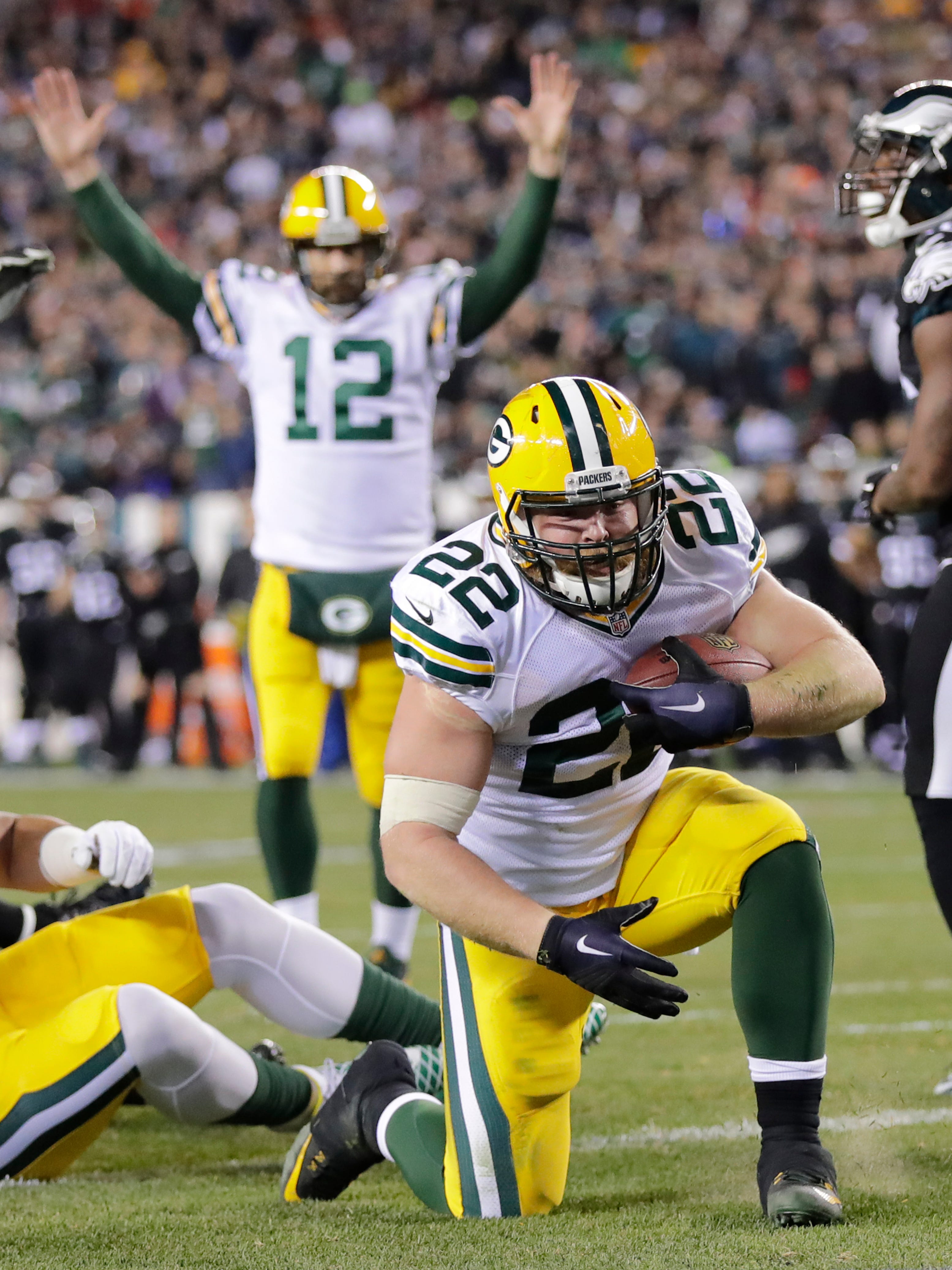 Green Bay Packers' Aaron Ripkowski scores a touchdown in the fourth quarter.

The Green Bay Packers play against the Philadelphia Eagles Monday, November 28, 2016, at Lincoln Financial Field in Philadelphia, Pa.