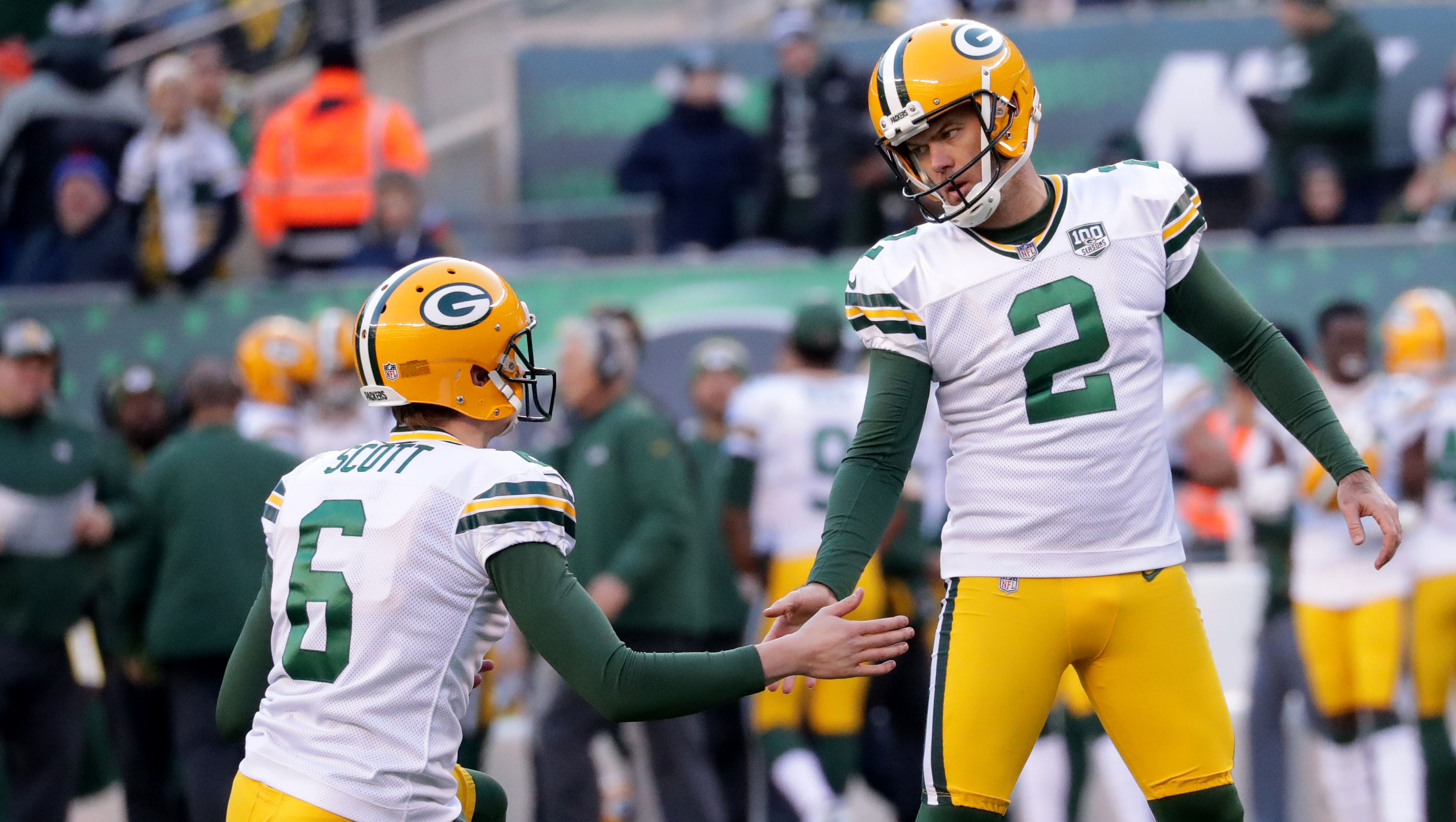 Green Bay Packers' Mason Crosby is congratulated by J.K. Scott for a field goal during the 2nd half of Packers 44-38 overtime win against the New York Jets at MetLife Stadium Sunday, Dec. 23, 2018, in East Rutherford. Photo by Mike De Sisti / The Milwaukee Journal Sentinel