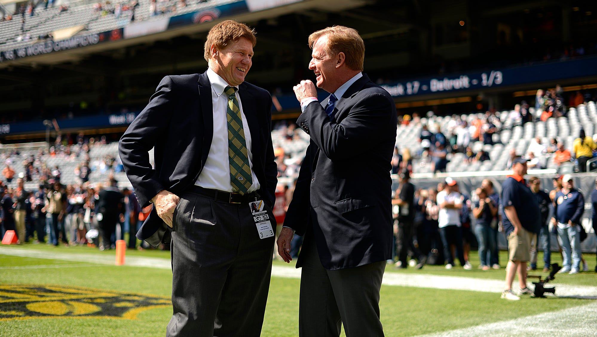 Green Bay Packers president Mark Murphy shares a laugh with NFL commissioner Roger Goodell before their Week 1 game at Soldier Field in Chicago.
