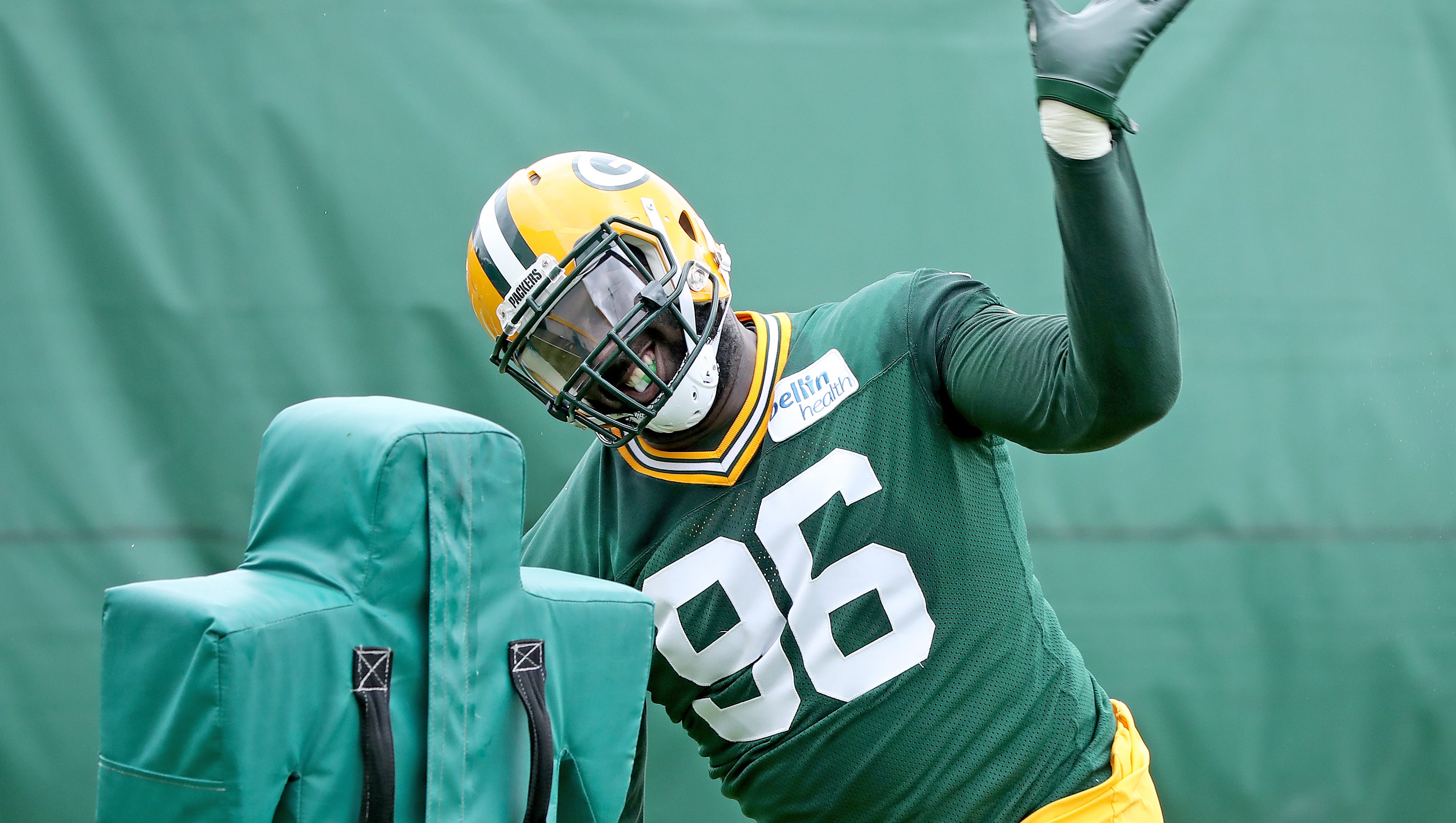 Green Bay Packers lineman Muhammad Wilkerson (96)  drills during Organized Team Activities at Ray Nitschke Field Thursday, May 31, 2018 in Ashwaubenon, Wis.