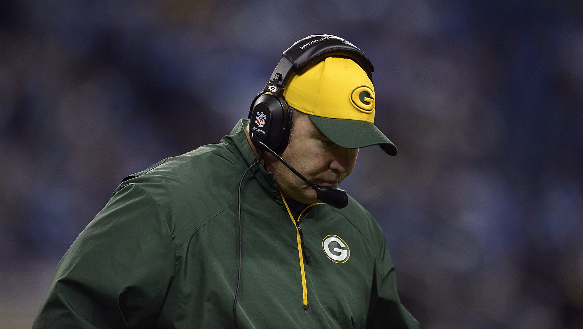Green Bay Packers coach Mike McCarthy reacts in the fourth quarter of his team's 40-10 loss to the Detroit Lions on Thanksgiving Day 2013 at Ford Field in Detroit.