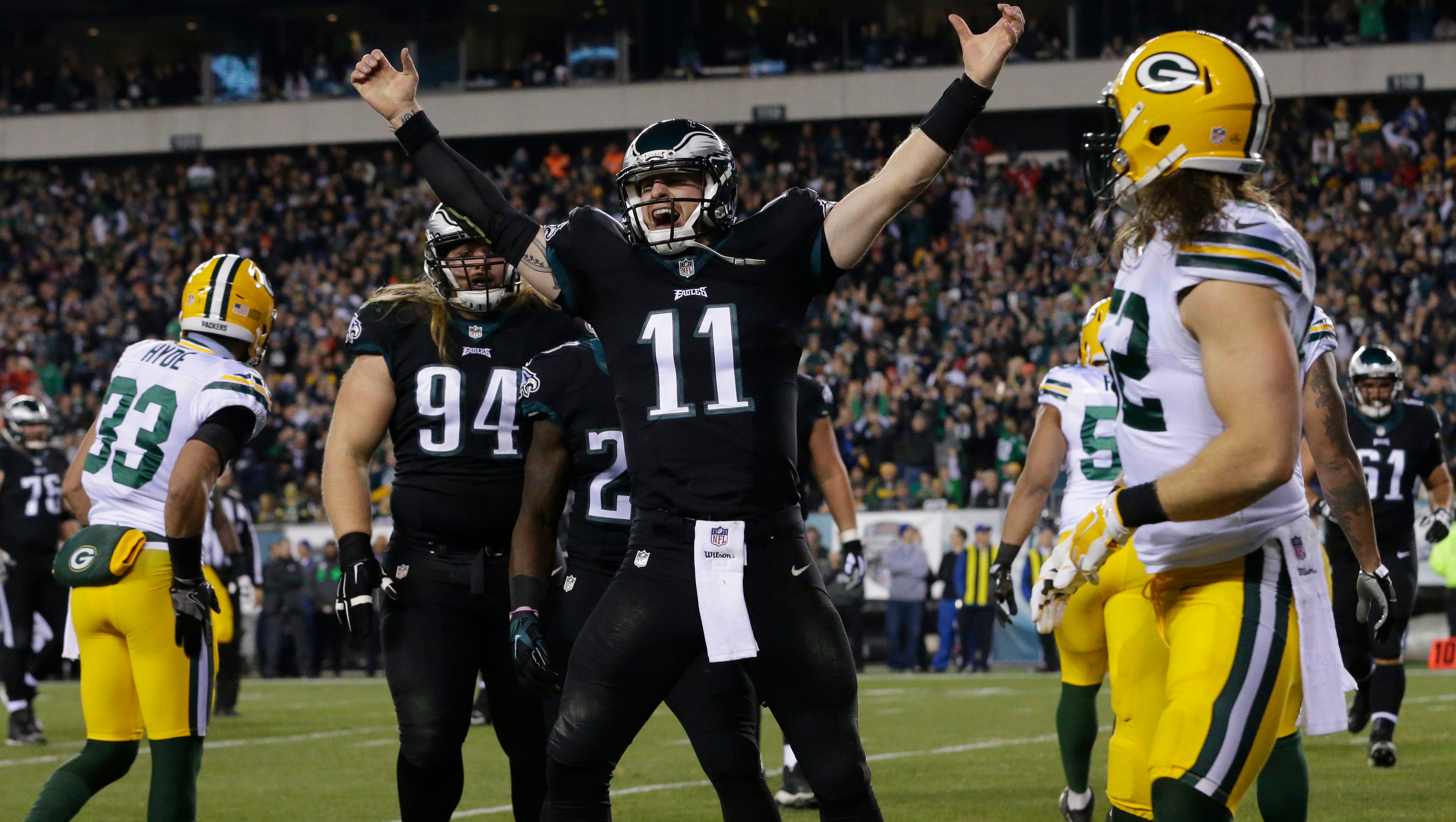 Eagles quarterback Carson Wentz celebrates a touchdown.