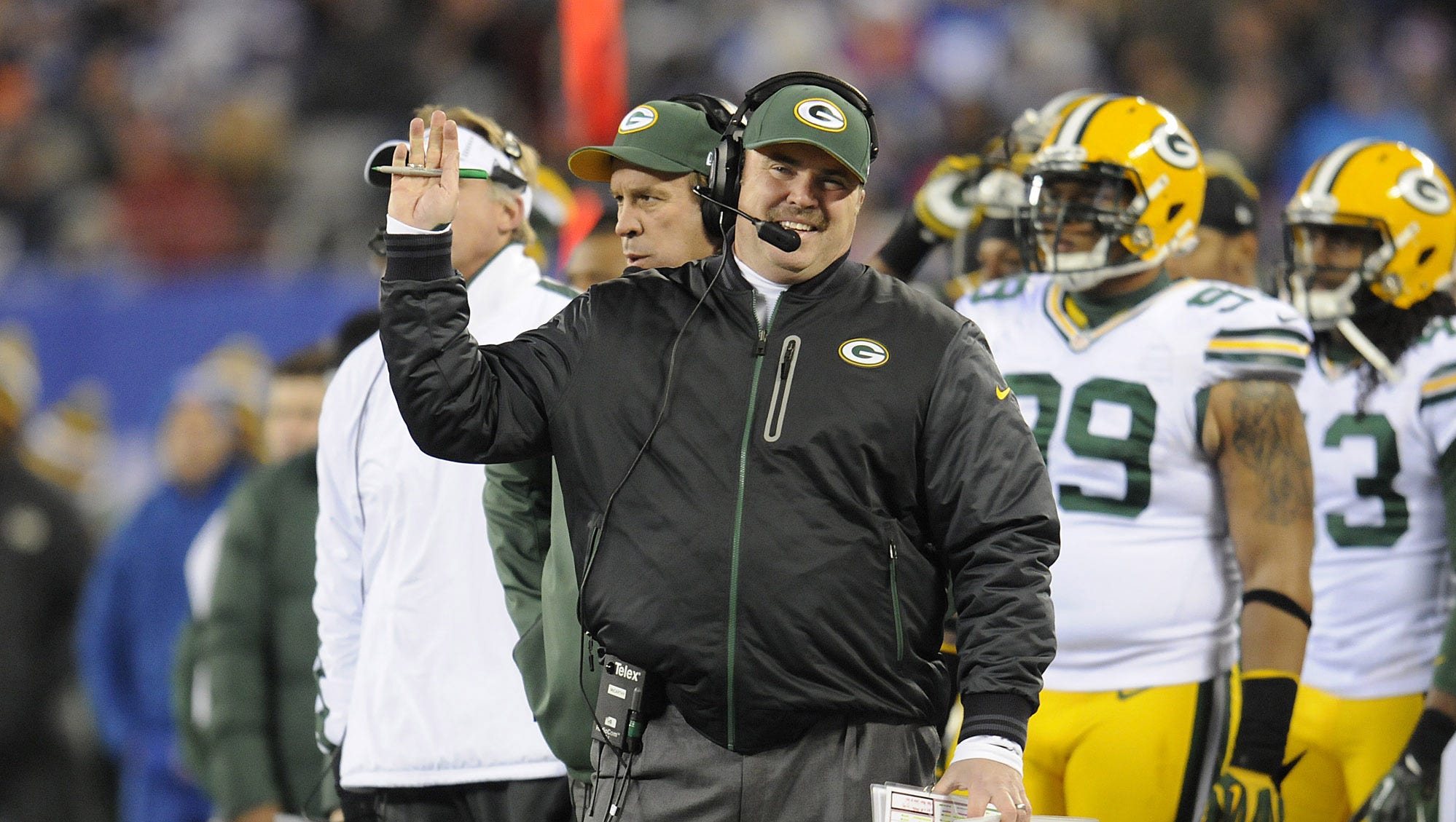 Green Bay Packers coach Mike McCarthy reacts after a penalty was called on the Packers during a game at MetLife Stadium in East Rutherford, N.J.