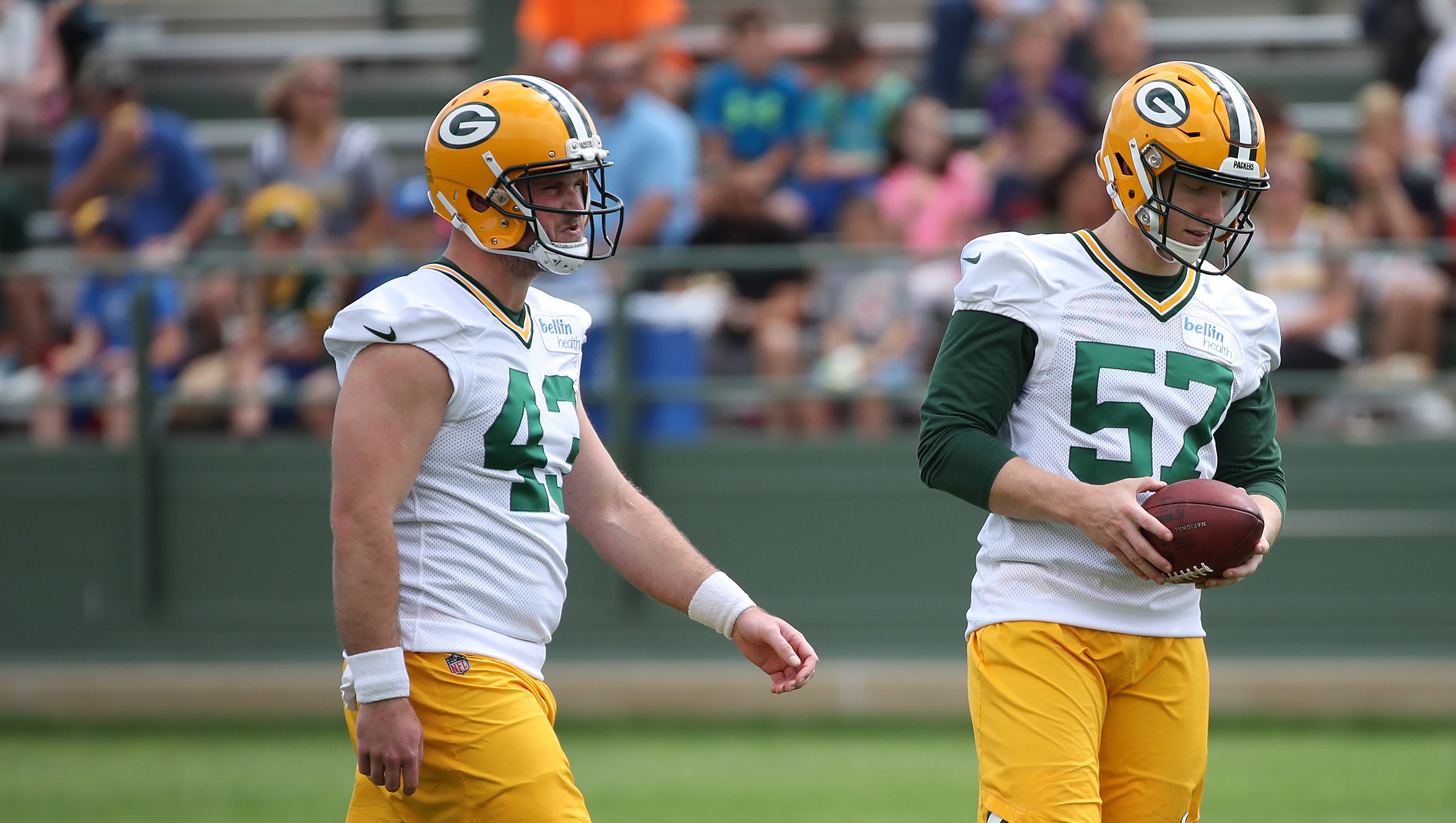 Green Bay Packers long snappers Hunter Bradley (43) and Zach Triner (57) during Organized Team Activities at Ray Nitschke Field Thursday, May 31, 2018 in in Ashwaubenon, Wis.