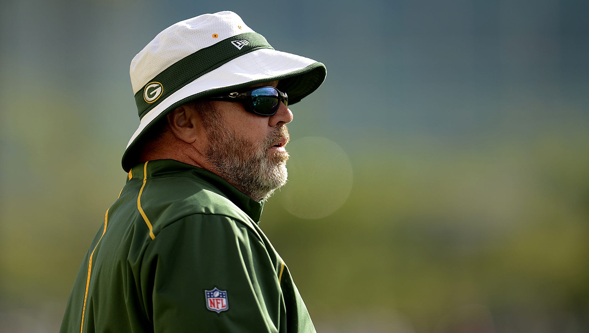 Green Bay Packers coach Mike McCarthy looks on during training camp practice on Aug. 4, 2015, at Ray Nitschke Field.