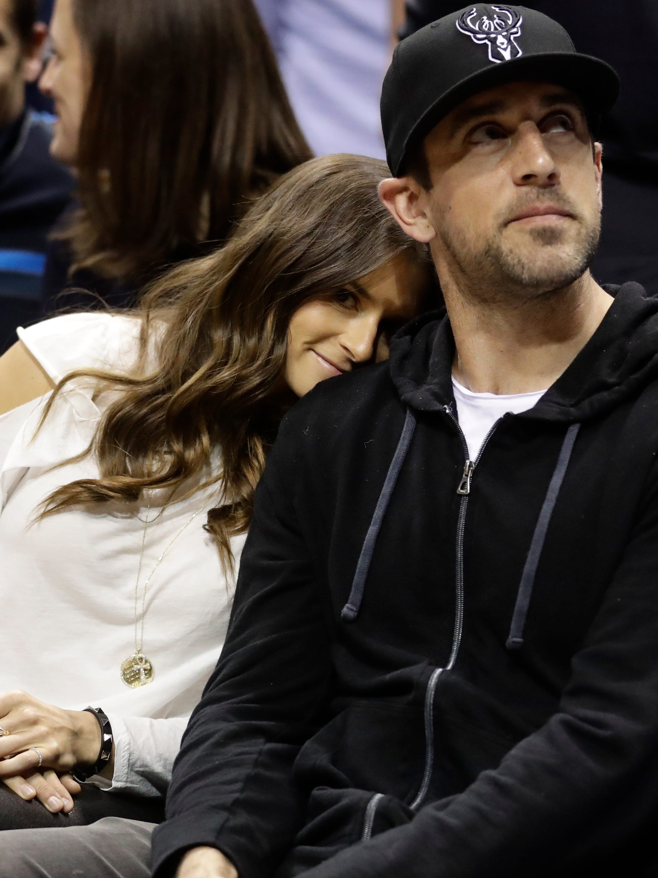 Danica Patrick and Aaron Rodgers watch Game 3 between the Bucks and the Celtics in Milwaukee.