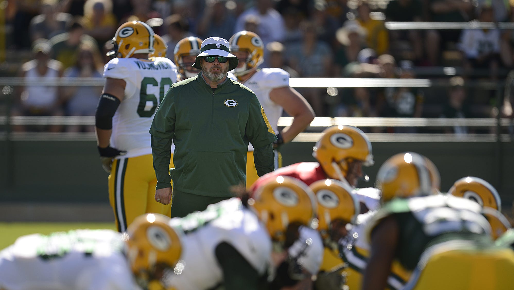 Green Bay Packers coach Mike McCarthy looks on during training camp practice on Aug. 1, 2015, at Ray Nitschke Field.