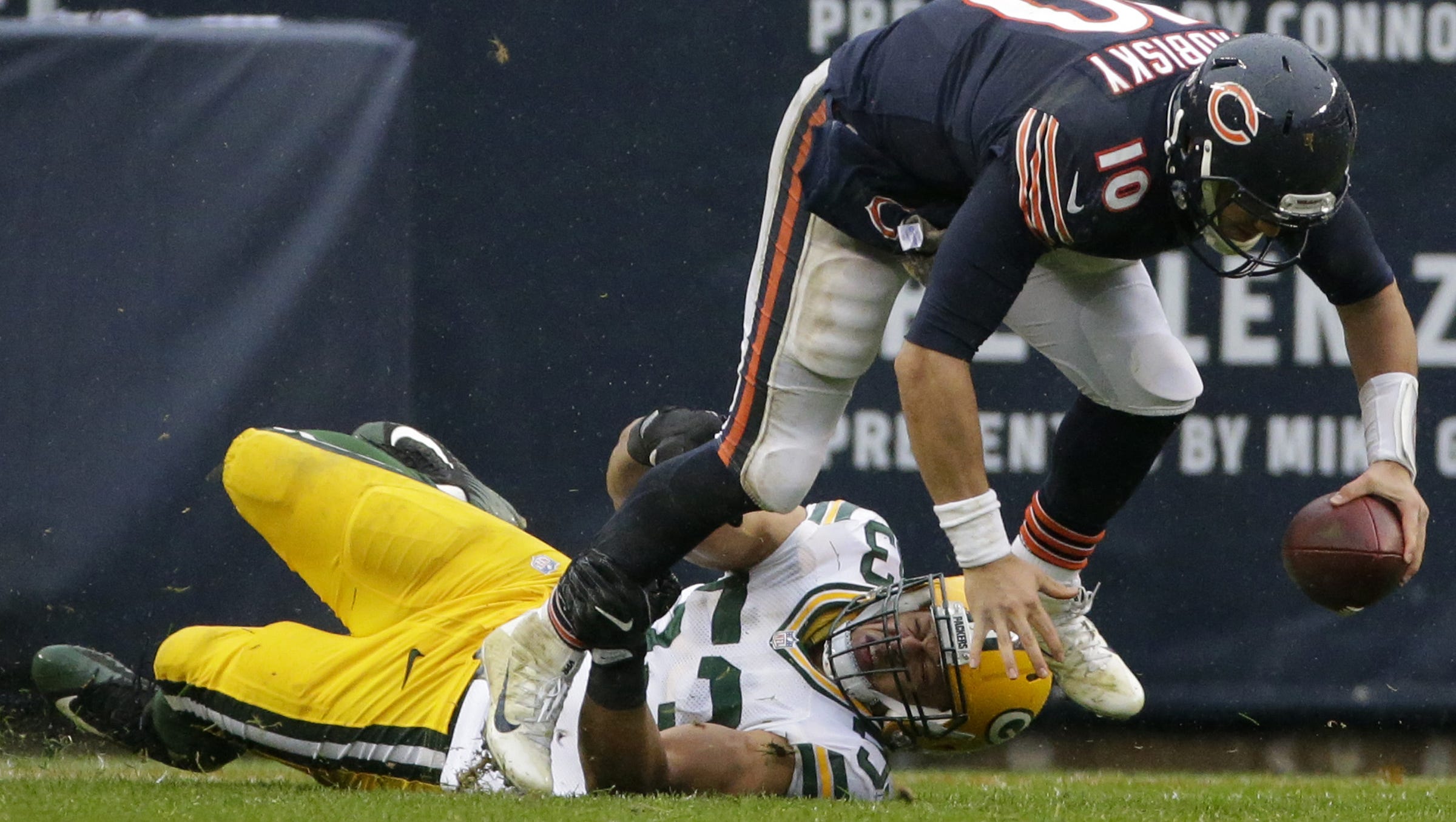 Chicago Bears quarterback Mitchell Trubisky (10) is sacked by Green Bay Packers linebacker Nick Perry (53) during the third quarter on Nov. 12, 2017, at Soldier Field in Chicago.