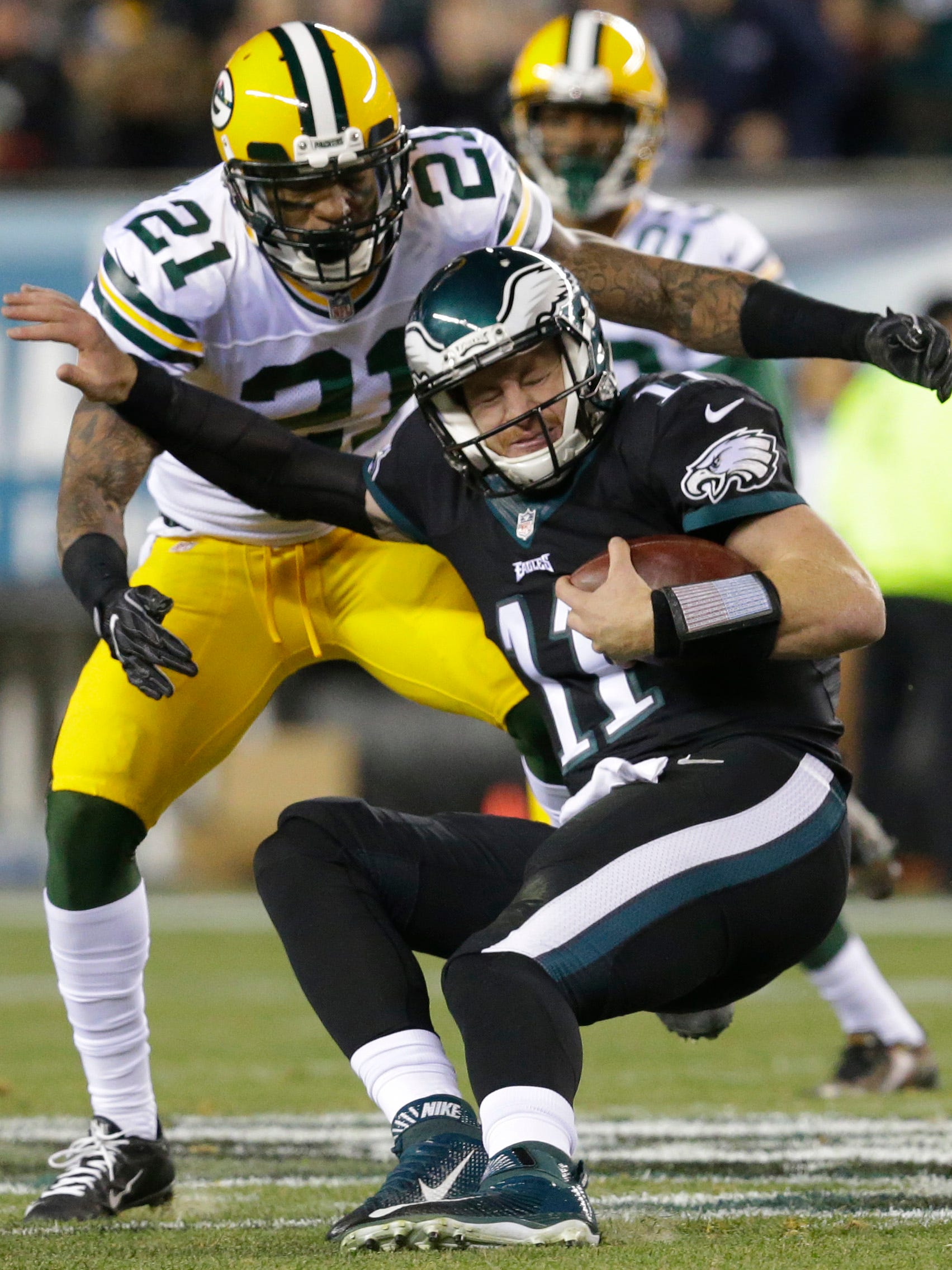 Green Bay Packers free safety Ha Ha Clinton-Dix (21) stops Philadelphia Eagles quarterback Carson Wentz (11) short of a first down during the second quarter of their game Monday, November 28, 2016 at Lincoln Financial Field in Philadelphia, Penn.