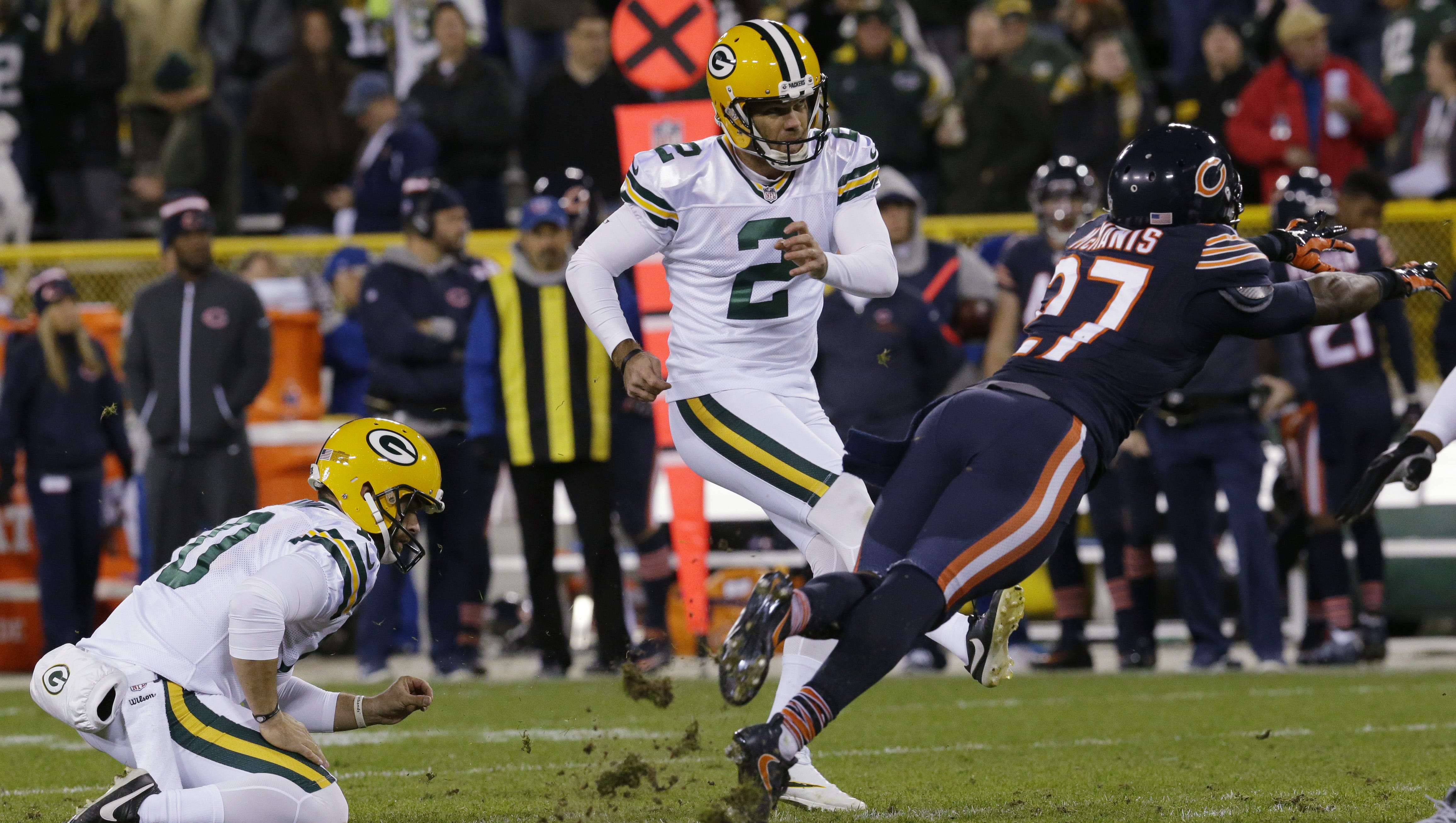 Green Bay Packers kicker Mason Crosby (2) watches his field goal attempt blocked during the fourth quarter against the Chicago Bears on Oct. 20, 2016, at Lambeau Field.