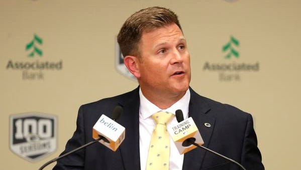 Packers general manager Brian Gutekunst talks during the Green Bay Packers Annual Meeting of Shareholders at Lambeau Field Wednesday, July 25, 2018 in Green Bay, Wis.