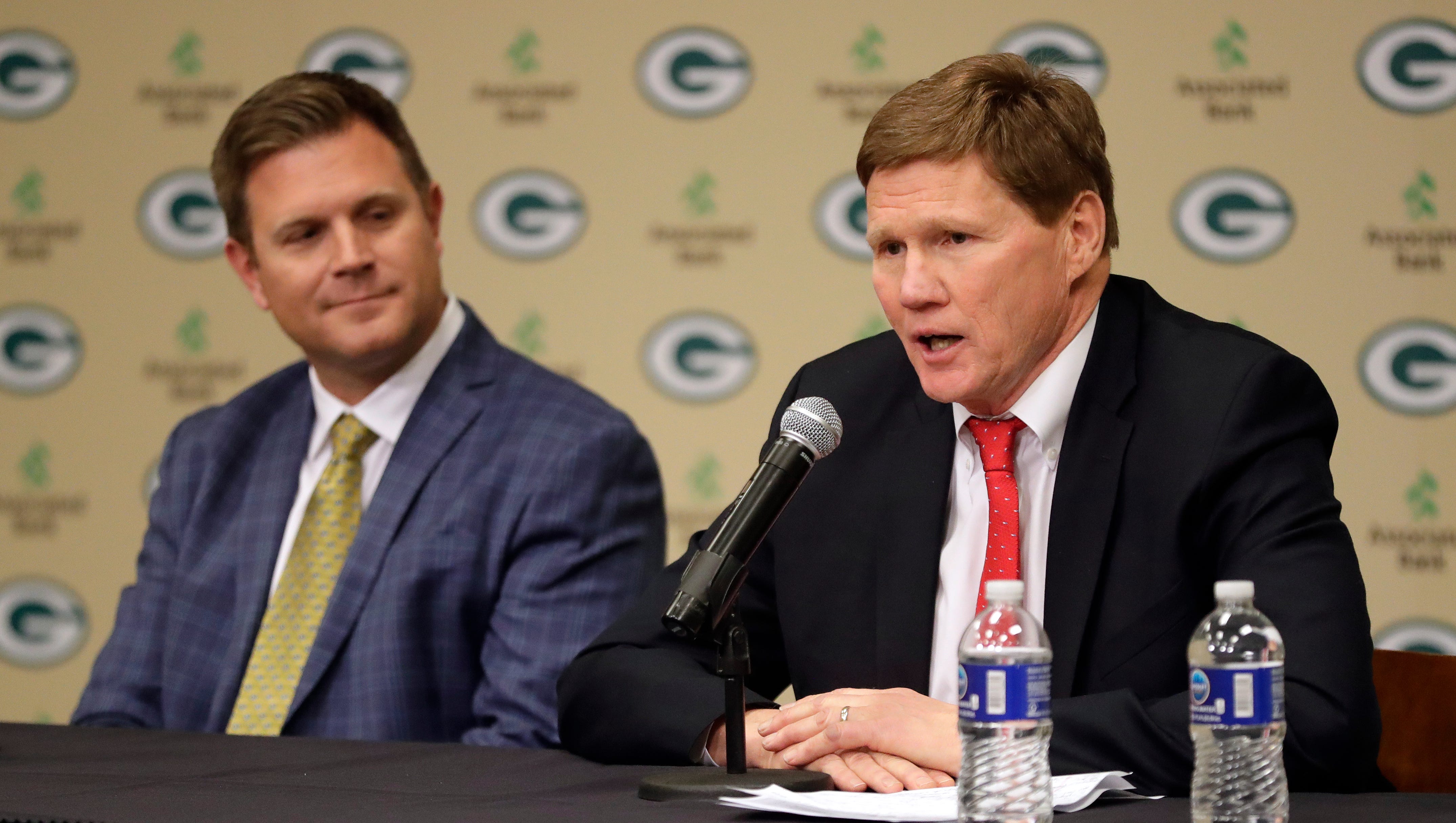 Green Bay Packers president and CEO Mark Murphy and general manager Brian Gutekunst speak to the media on Jan. 8, 2018, at Lambeau Field.