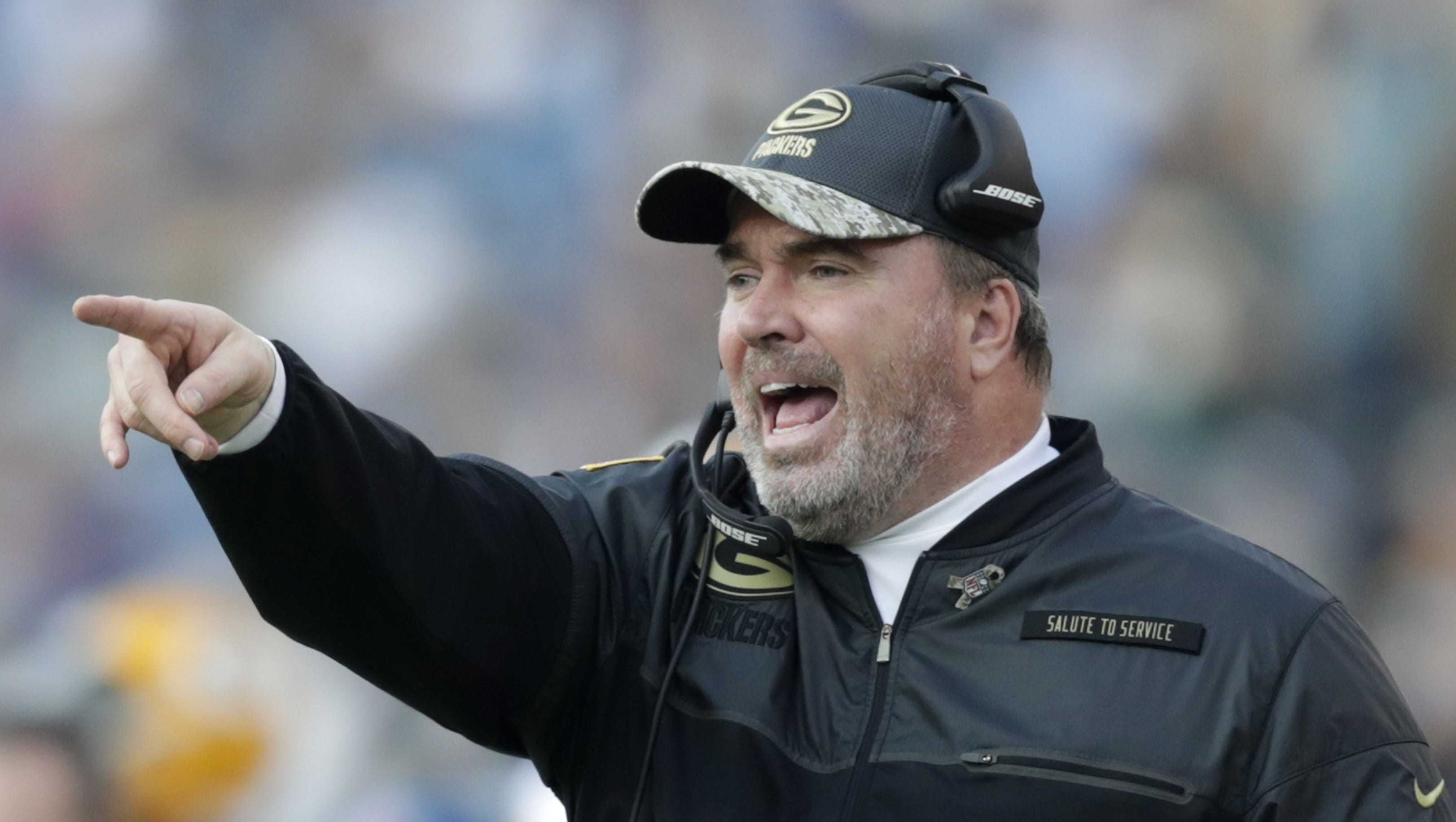 Green Bay Packers coach Mike McCarthy yells out to the field during a stop in play during their game against the Tennessee Titans on Nov. 13, 2016, at Nissan Stadium in Nashville.