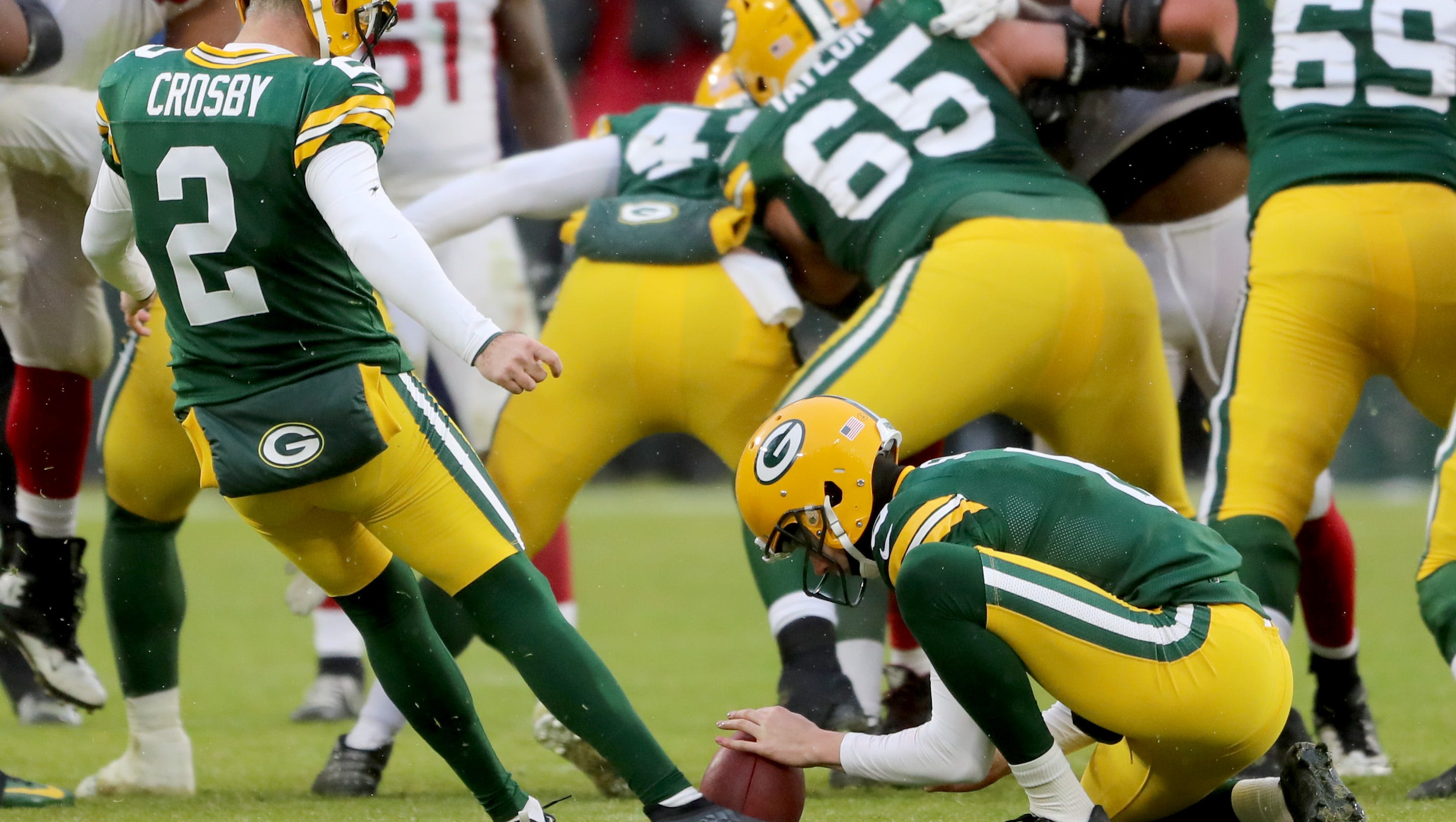 Green Bay Packers kicker Mason Crosby (2) misses a 49 yard field goal attempt as punter J.K. Scott (6) holds at the end of the game against the Arizona Cardinals Sunday, December 2, 2018 at Lambeau Field in Green Bay, Wis.
Jim Matthews/USA TODAY NETWORK-Wis
