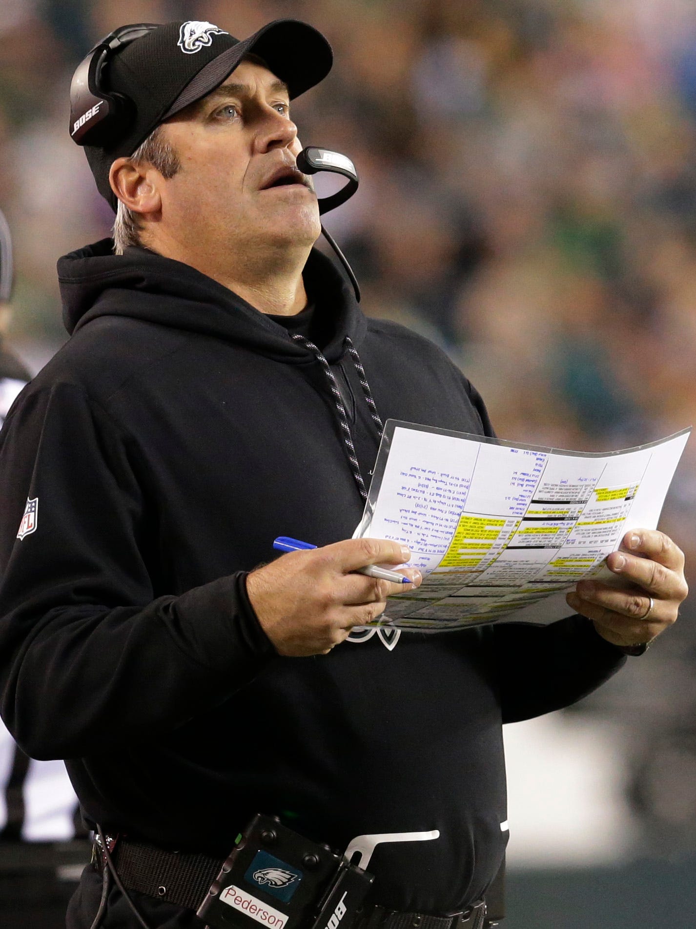 Philadelphia Eagle head coach Doug Peerson is shown during the second quarter of their game against the Green Bay Packers Monday, November 28, 2016 at Lincoln Financial Field in Philadelphia, Penn.