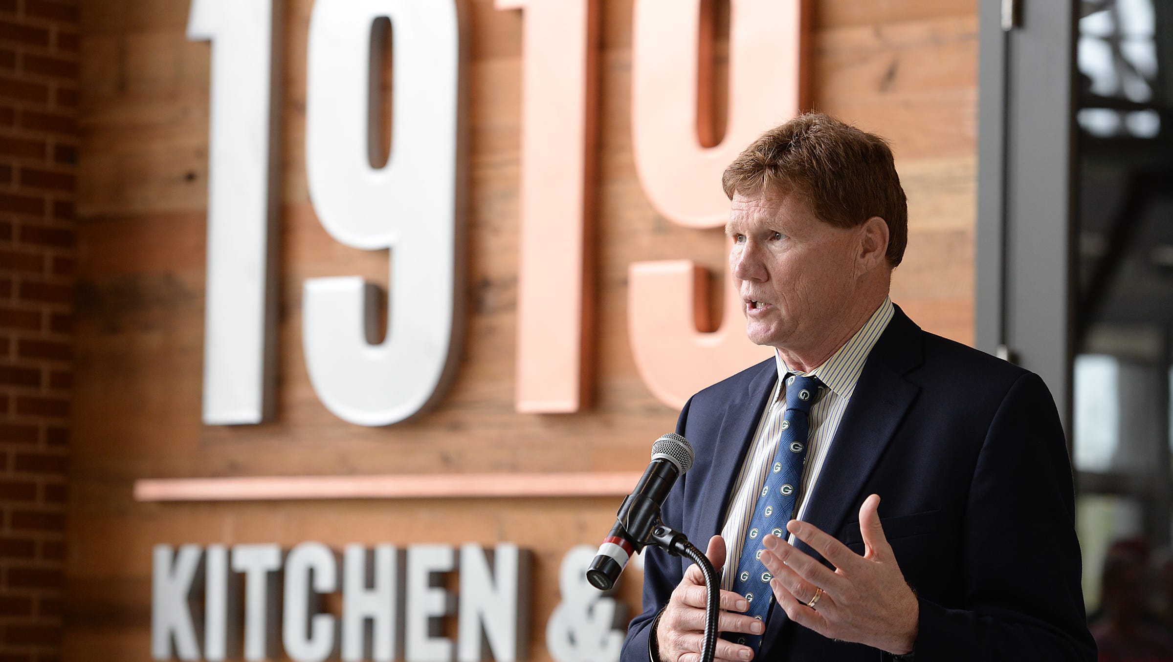 1919 Kitchen and Tap opened July 24, 2015 inside the Lambeau Atrium. Packers president Mark Murphy talks about the long planning process to complete the atrium project during the grand opening of the new eatery.