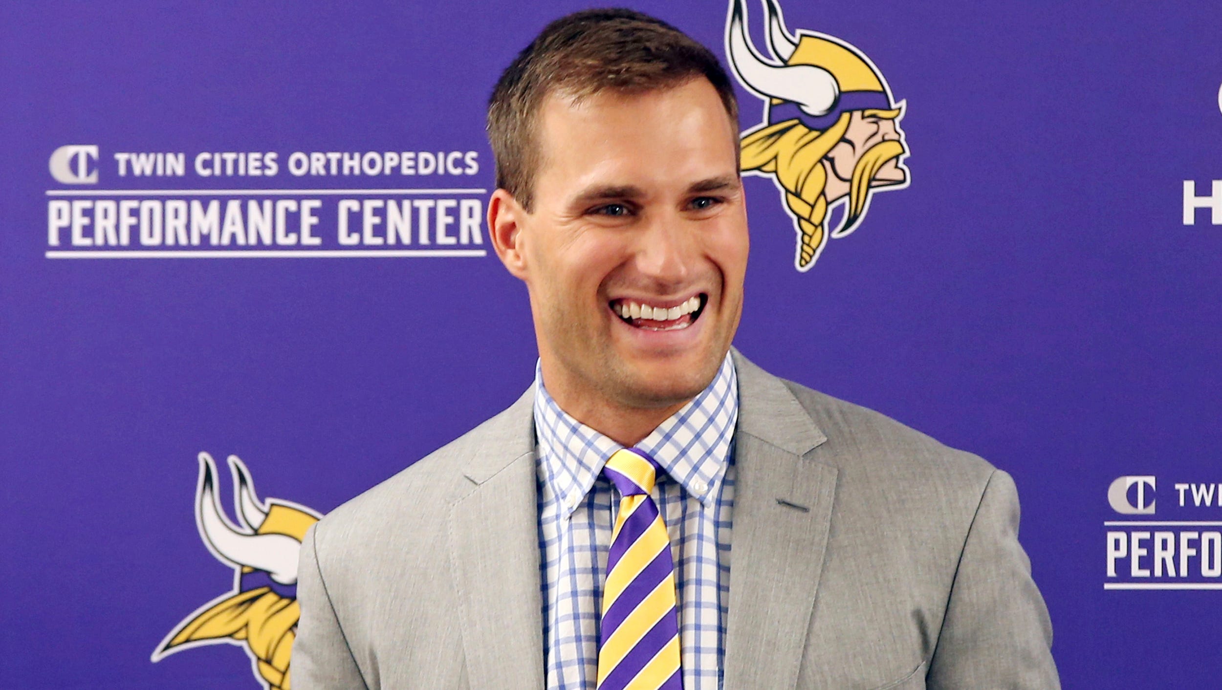 Minnesota Vikings new quarterback Kirk Cousins addresses the media after he was introduced during a news conference, after signing a three-year, $84 million contract March 15, 2018.