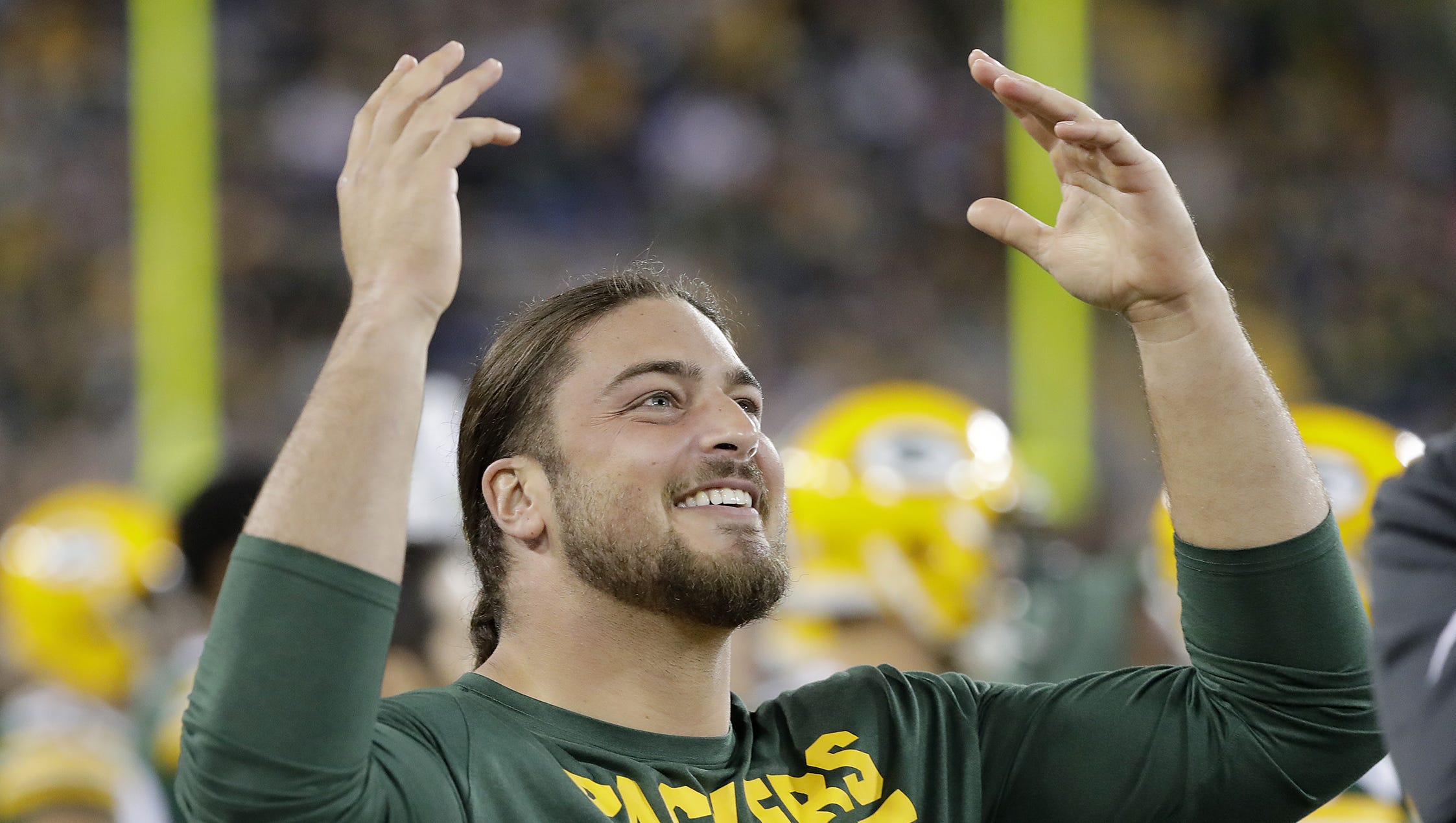 Green Bay Packers tackle David Bakhtiari (69) reacts on the sideline during the fourth quarter against the Los Angeles Rams on Aug. 31, 2017, at Lambeau Field in Green Bay.