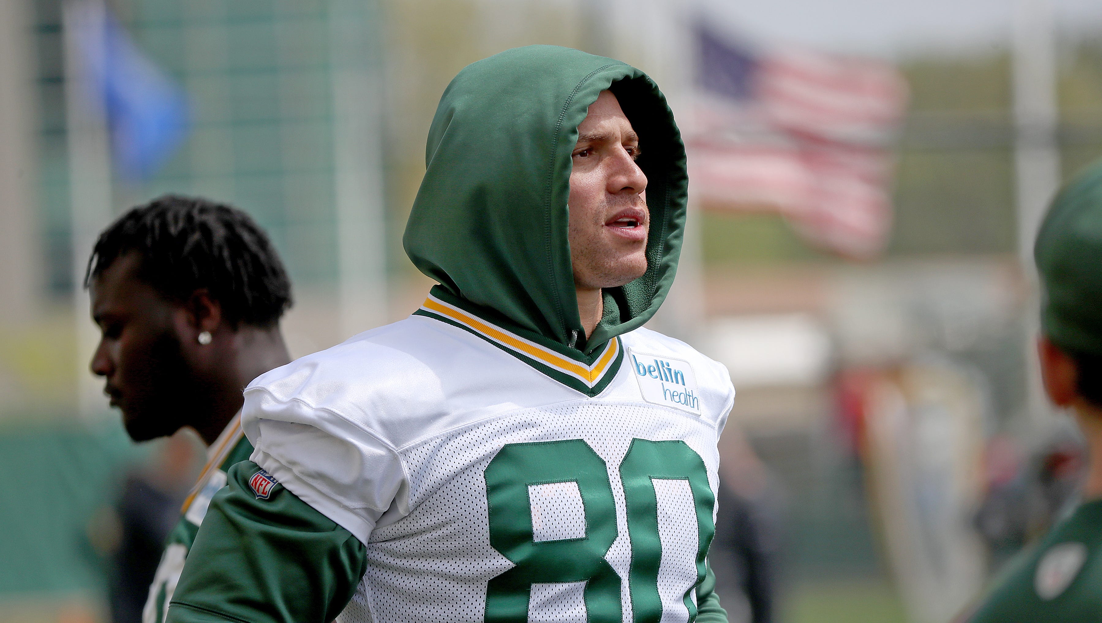 Green Bay Packers tight end Jimmy Graham jogs during organized team activities May 22 at Ray Nitschke Field.