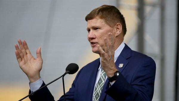 Packers president Mark Murphy apologizes to fans about the weather disrupting the Green Bay Packers Annual Meeting of Shareholders at Lambeau Field Wednesday, July 25, 2018 in Green Bay, Wis.