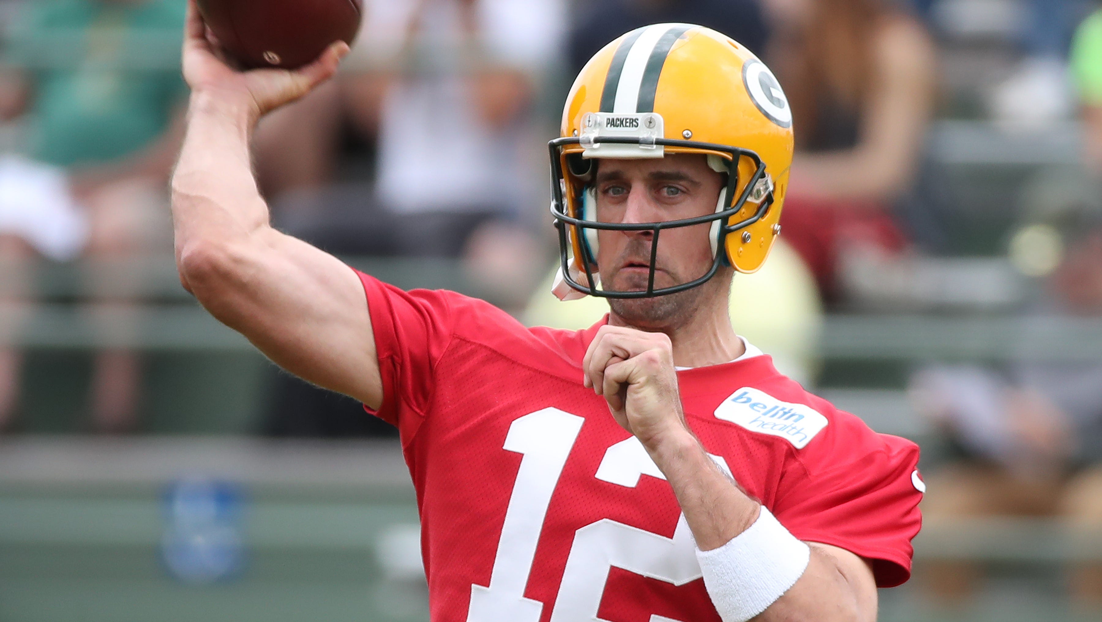 Green Bay Packers quarterback Aaron Rodgers (12) throws during Organized Team Activities at Ray Nitschke Field Thursday, May 31, 2018 in Ashwaubenon, Wis.