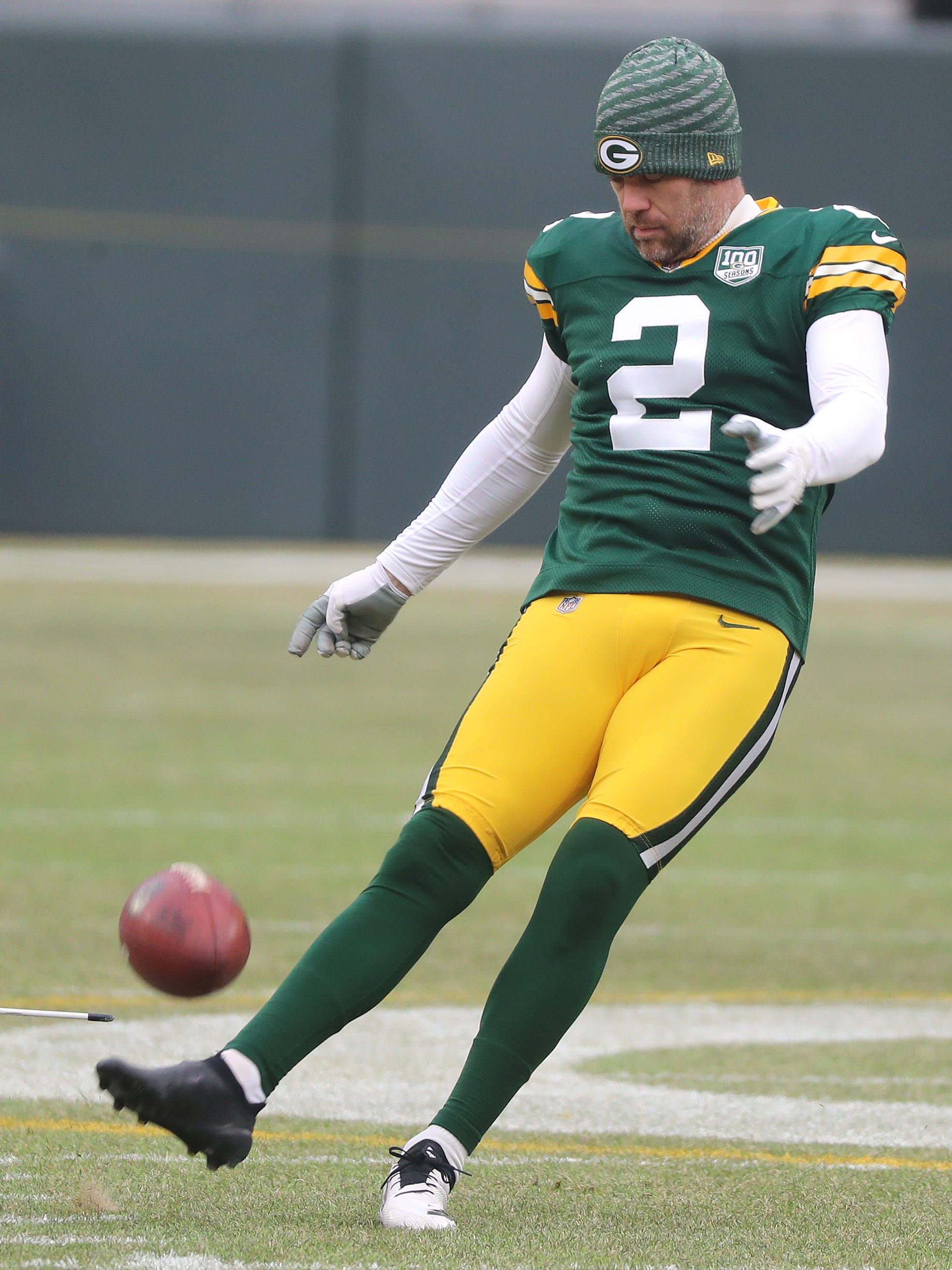 Green Bay Packers kicker Mason Crosby (2) warms up before the game against the Detroit Lions at Lambeau Field Sunday, December 30, 2018 in Green Bay, Wis.