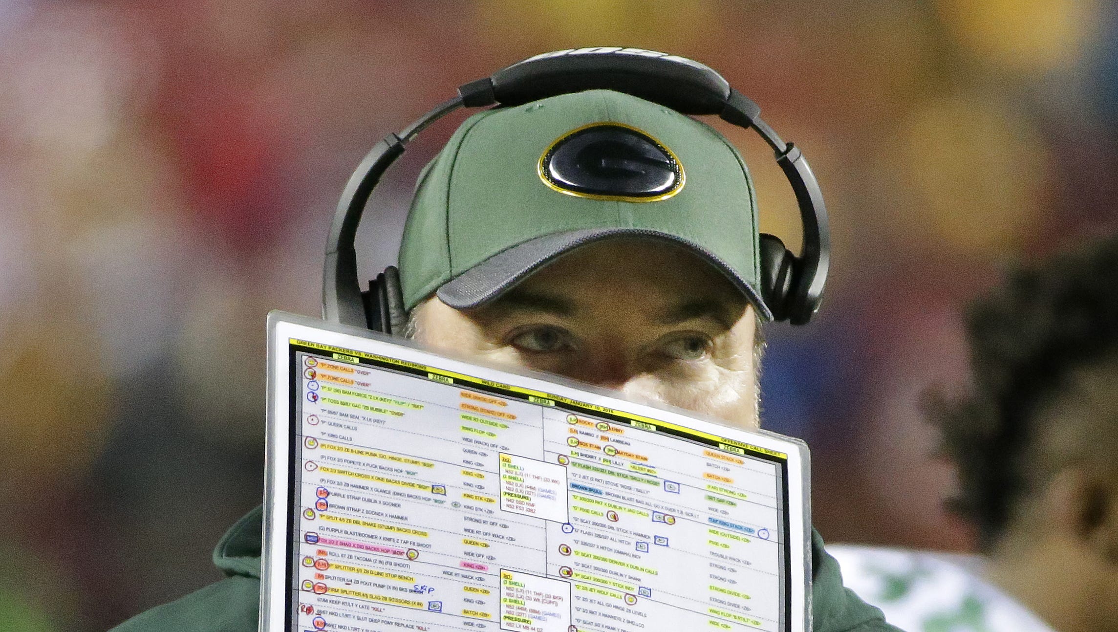 Packers coach Mike McCarthy shields his mouth with his play card against Washington on Jan. 10, 2016, at Fedex Field.