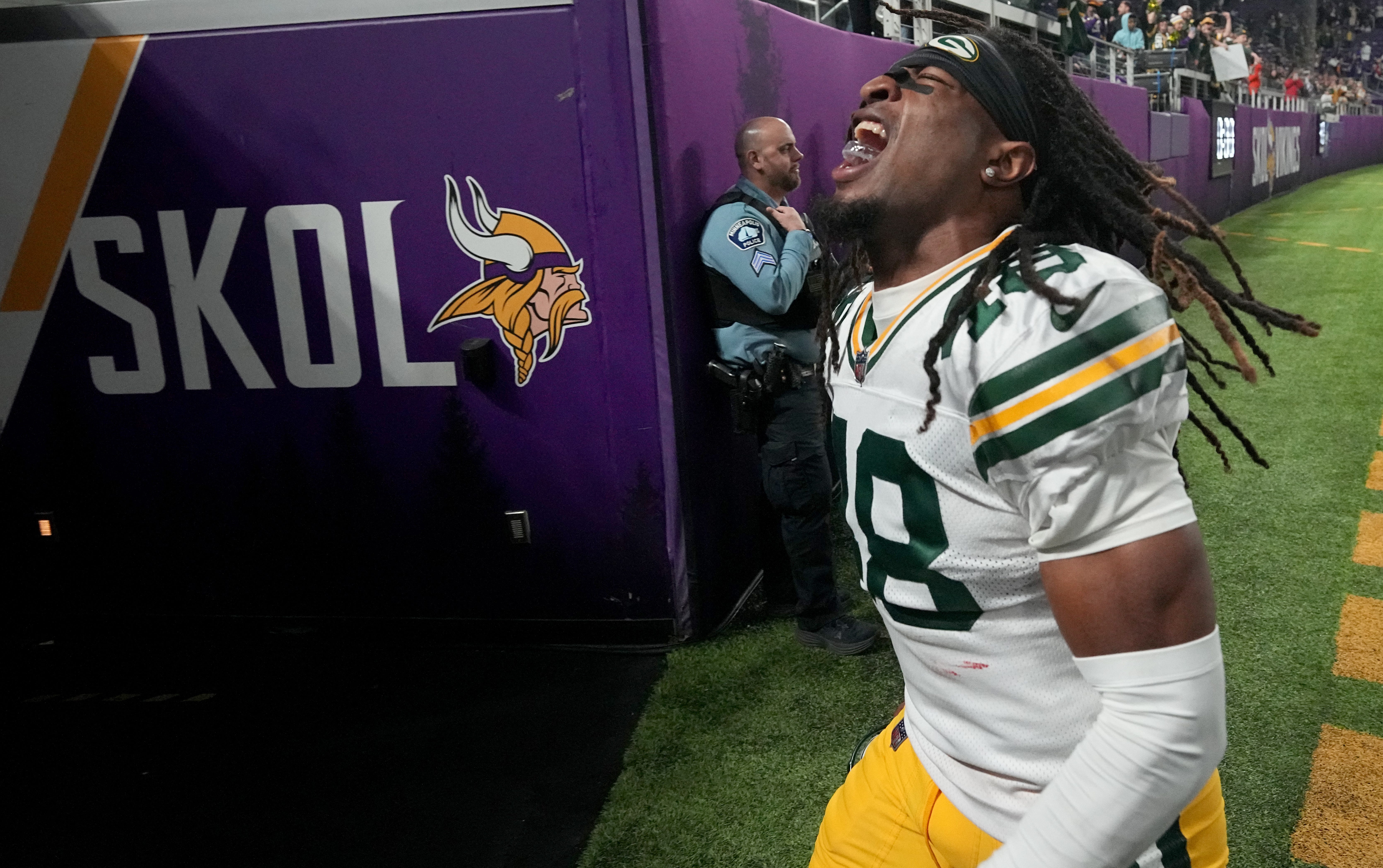 Green Bay Packers safety Benny Sapp III (48) celebrates his team’s win after their game Sunday, December 31, 2023 at U.S. Bank Stadium in Minneapolis, Minnesota. The Green Bay Packers beat the Minnesota Vikings 33-10.