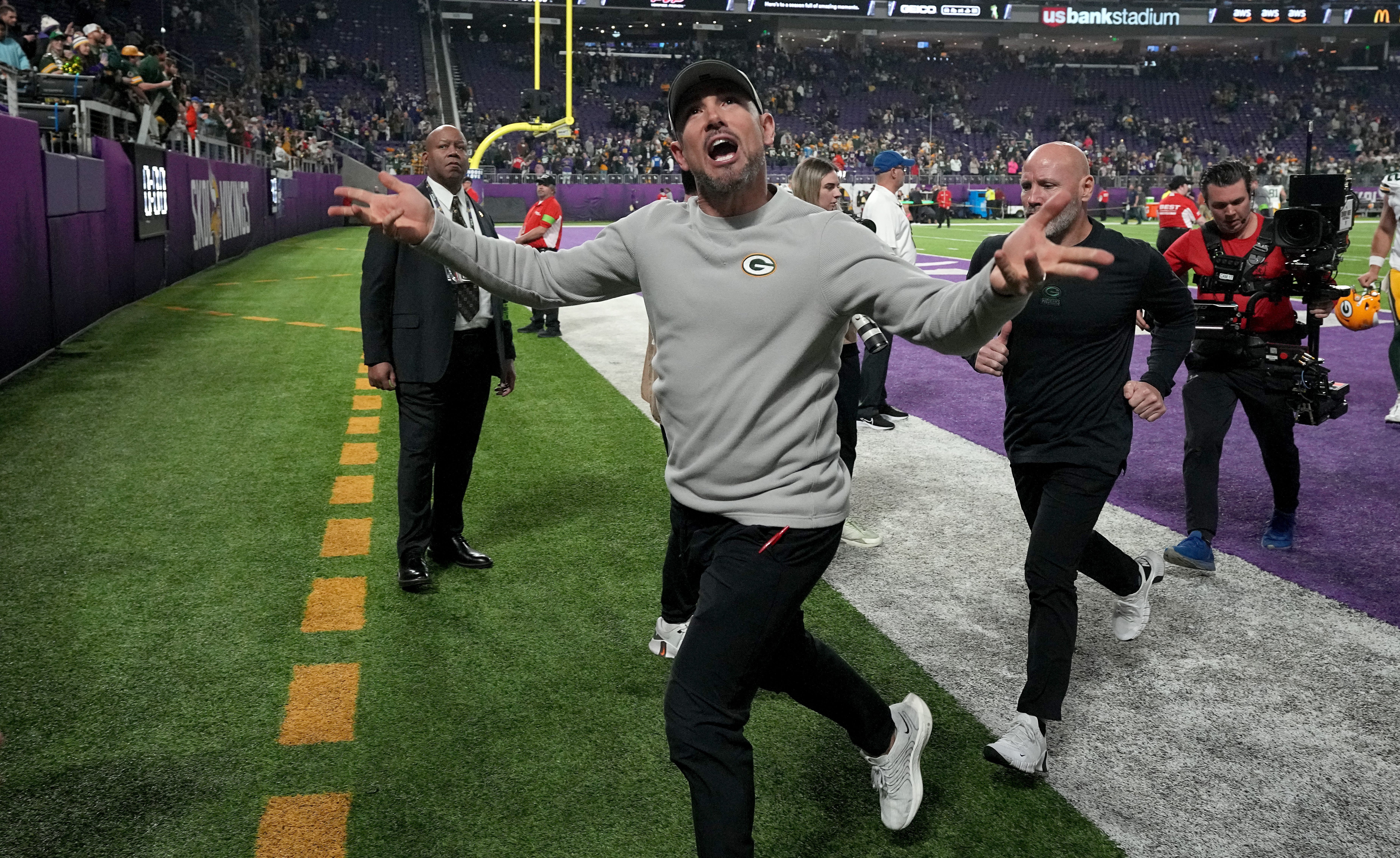 Green Bay Packers head coach Matt LaFleur celebrates his team’s win after their game Sunday, December 31, 2023 at U.S. Bank Stadium in Minneapolis, Minnesota. The Green Bay Packers beat the Minnesota Vikings 33-10.