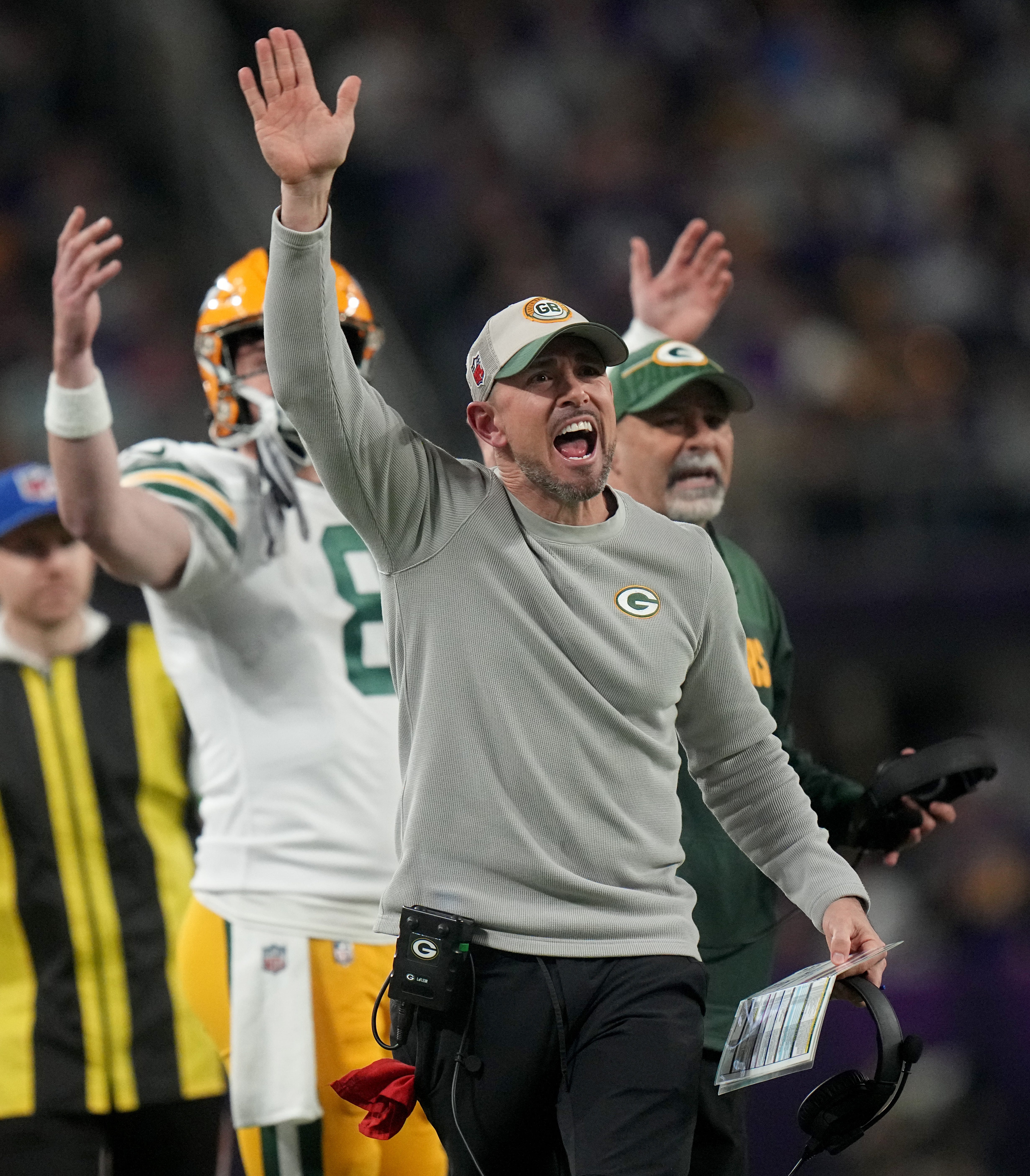 Green Bay Packers head coach Matt LaFleur unsuccessfully lobbied for a penalty on the Minnesota Vikings during the second quarter of their game Sunday, December 31, 2023 at U.S. Bank Stadium in Minneapolis, Minnesota. The Green Bay Packers beat the Minnesota Vikings 33-10.