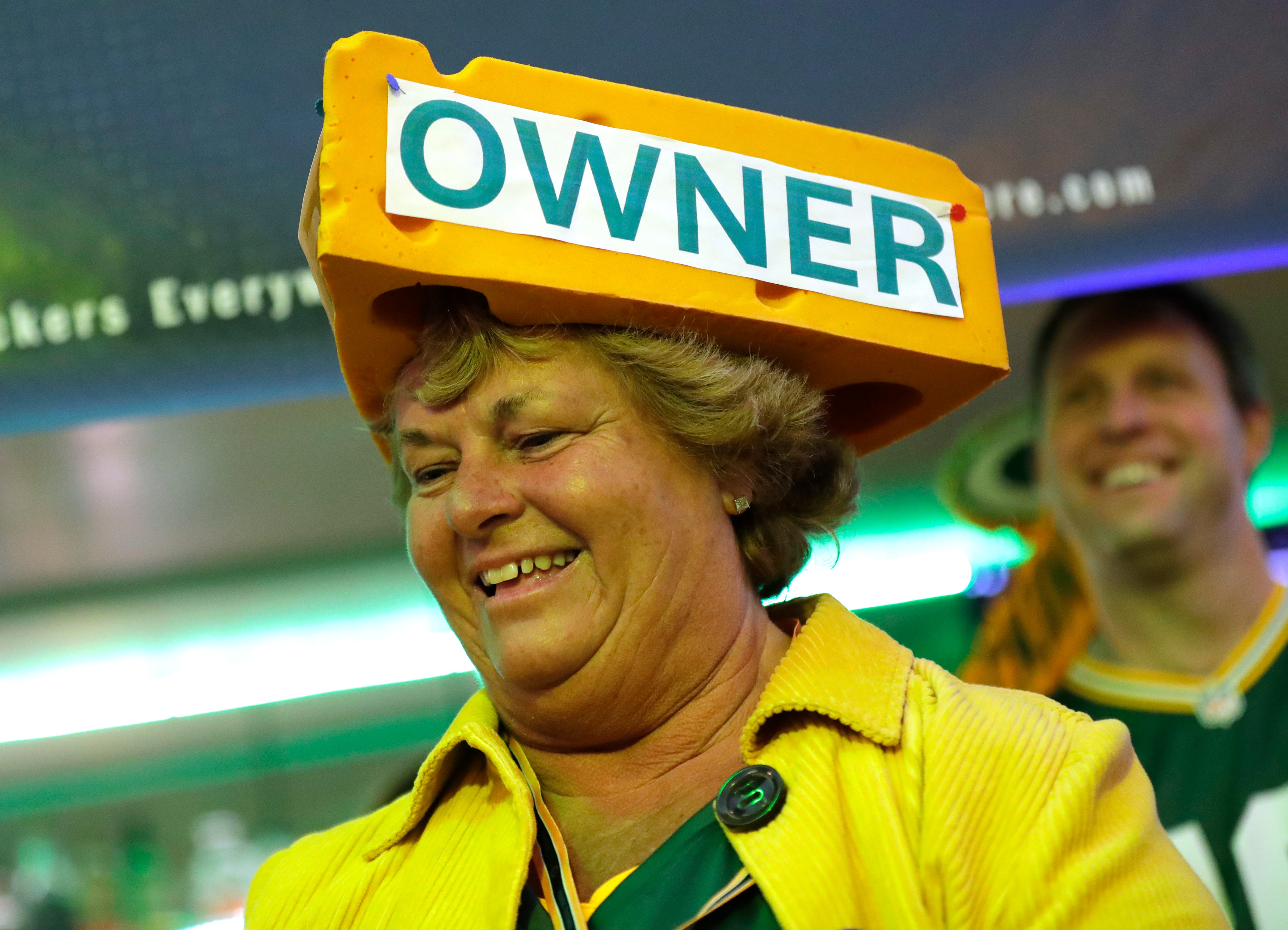 Green Bay Packers fan Jean Waibel of Elkhart Lake, Wisconsin, shows her team spirit during the Packers Everywhere pep rally Friday, January 19, 2024, at The Patio in Palo Alto, California.