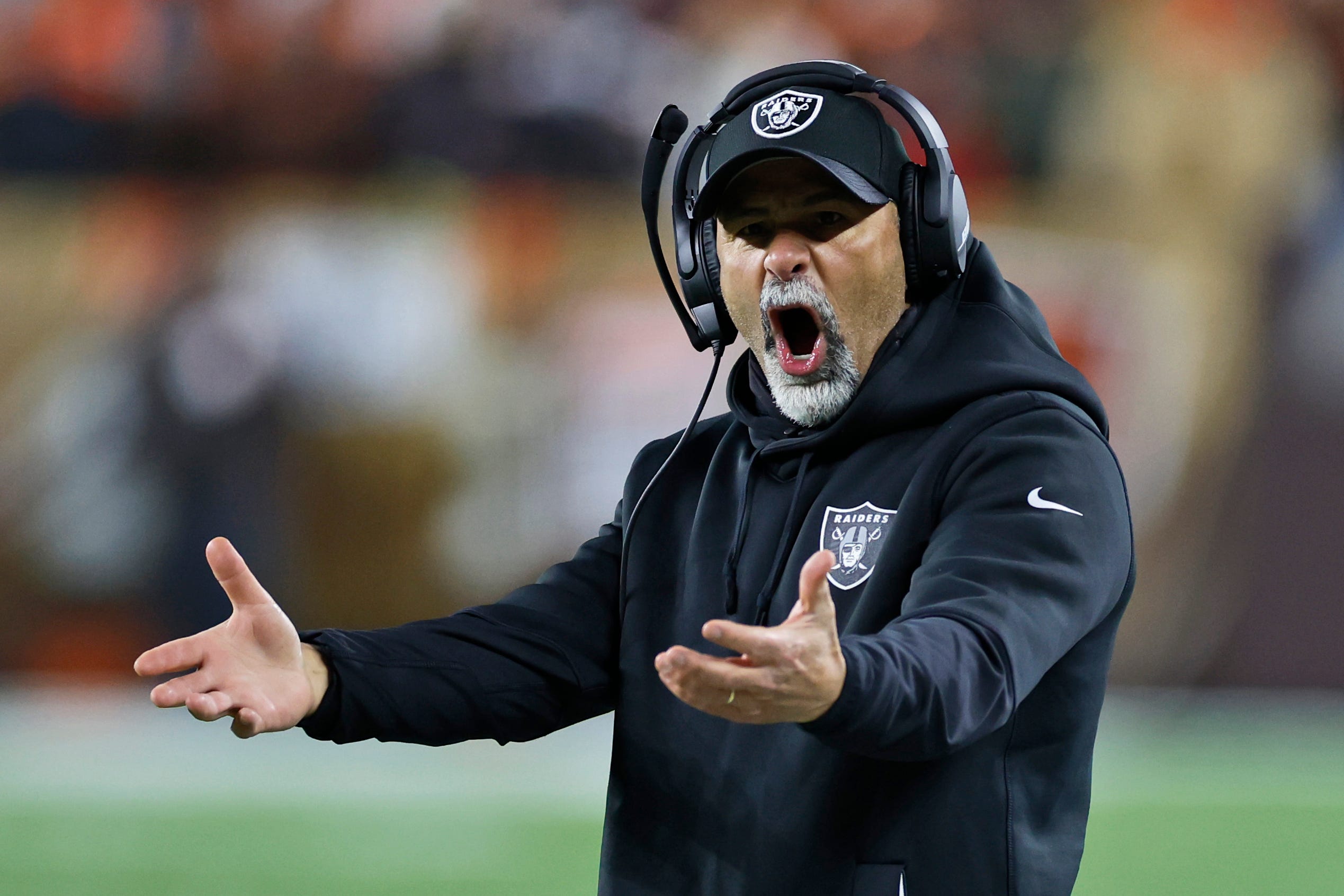 Raiders interim head coach Rich Bisaccia reacts during a December game against the Browns.