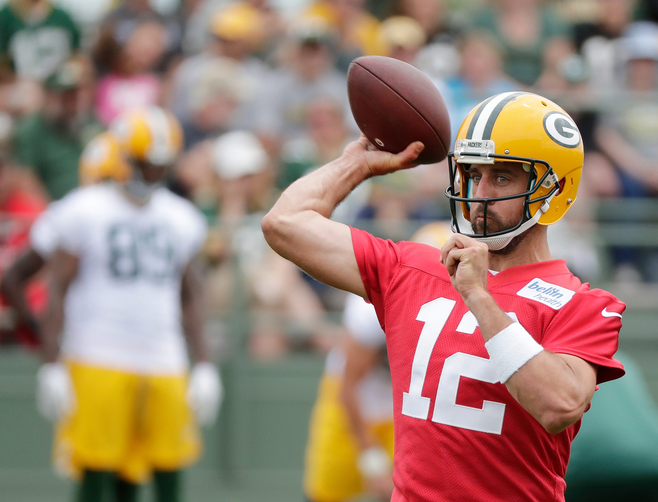 Green Bay Packers quarterback Aaron Rodgers (12) throws during training camp practice at Ray Nitschke Field on Thursday, July 26, 2018 in Ashwaubenon, Wis. 
Adam Wesley/USA TODAY NETWORK-Wisconsin