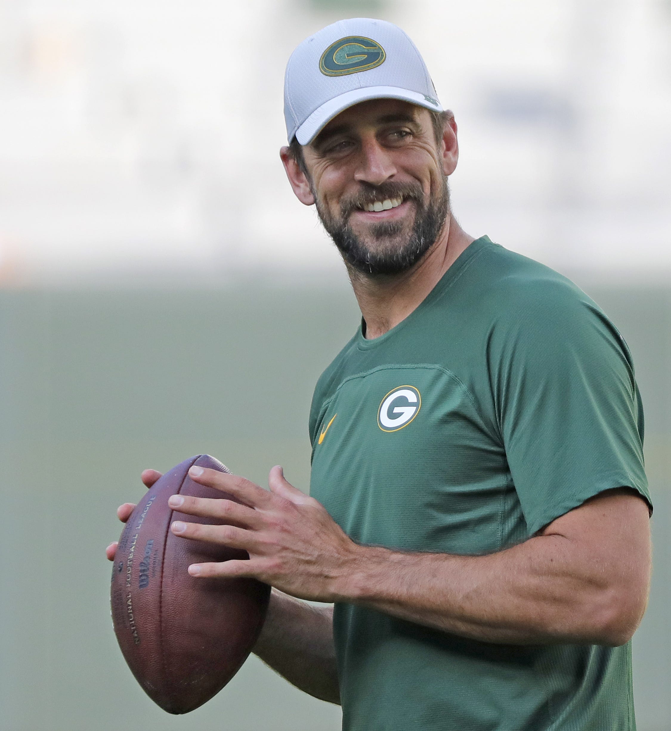 Green Bay Packers quarterback Aaron Rodgers (12) warms up before a NFL preseason game at Lambeau Field on Thursday, August 9, 2018 in Green Bay, Wis.